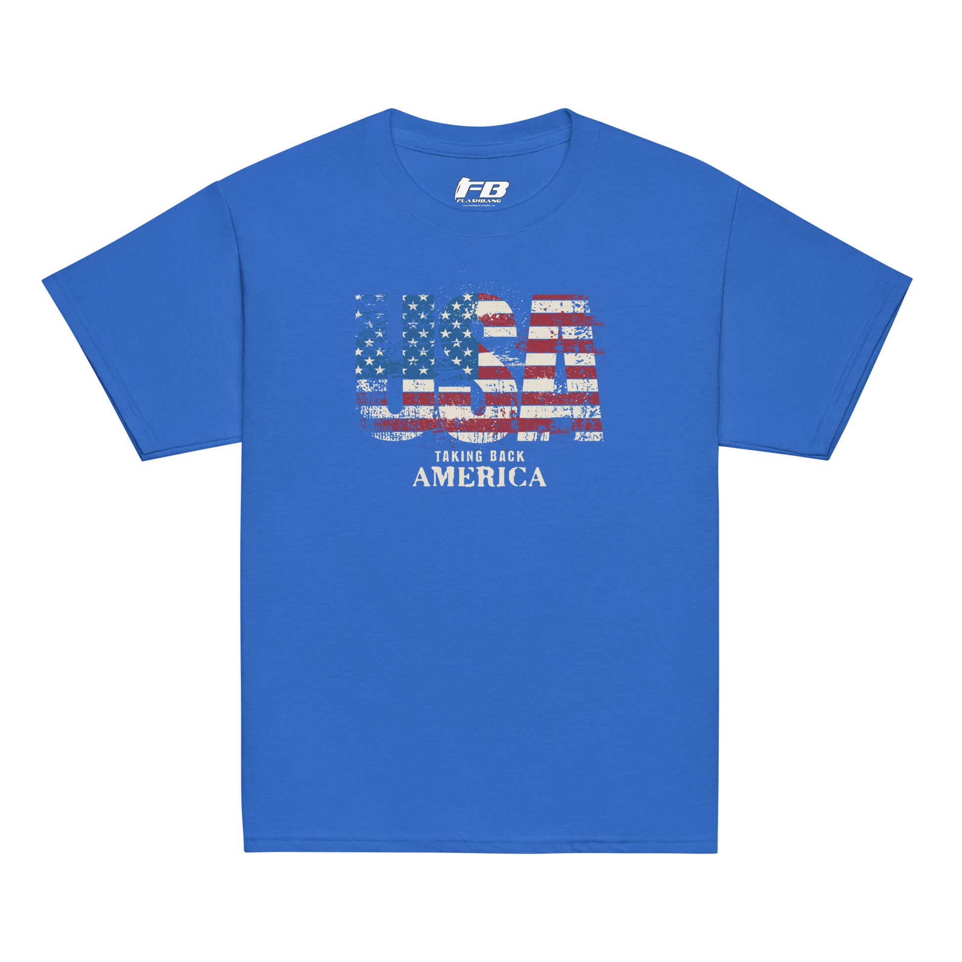 Blue t-shirt with American flag graphic and text on a white background