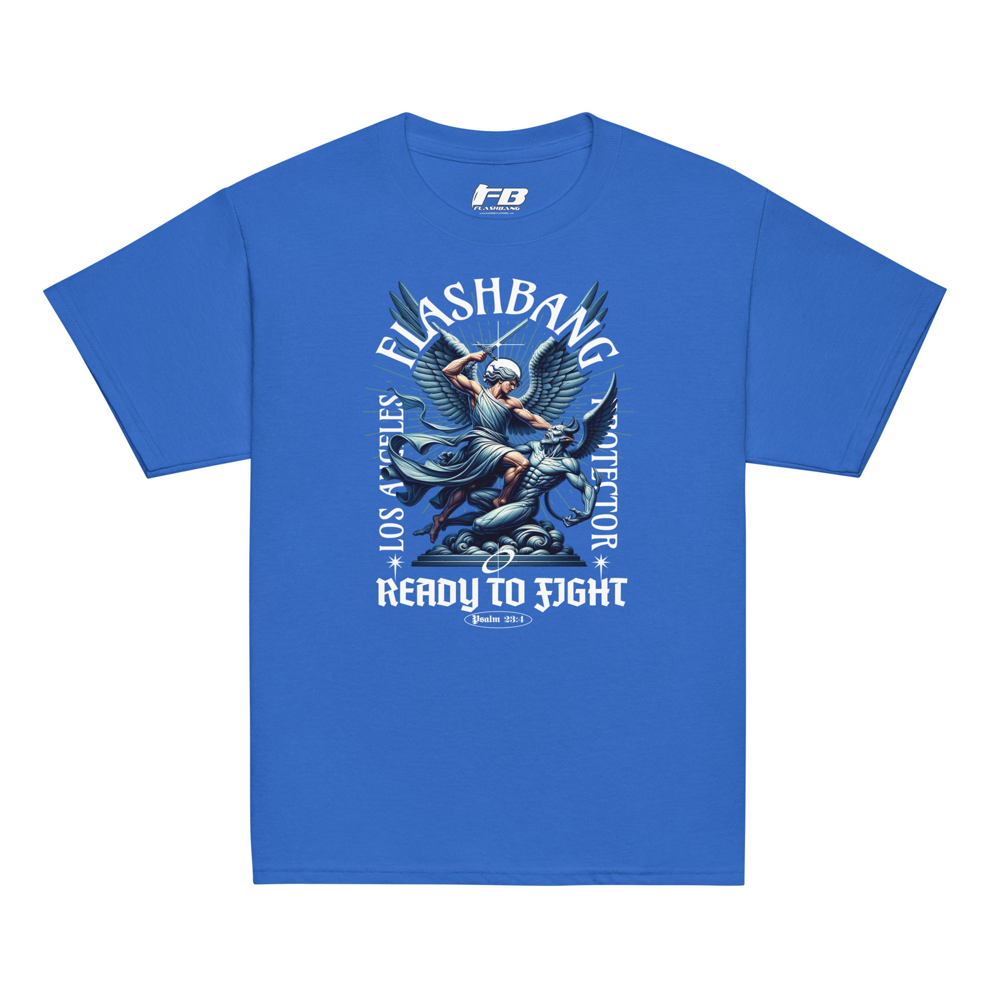 Blue t-shirt with graphic design and text on a white background