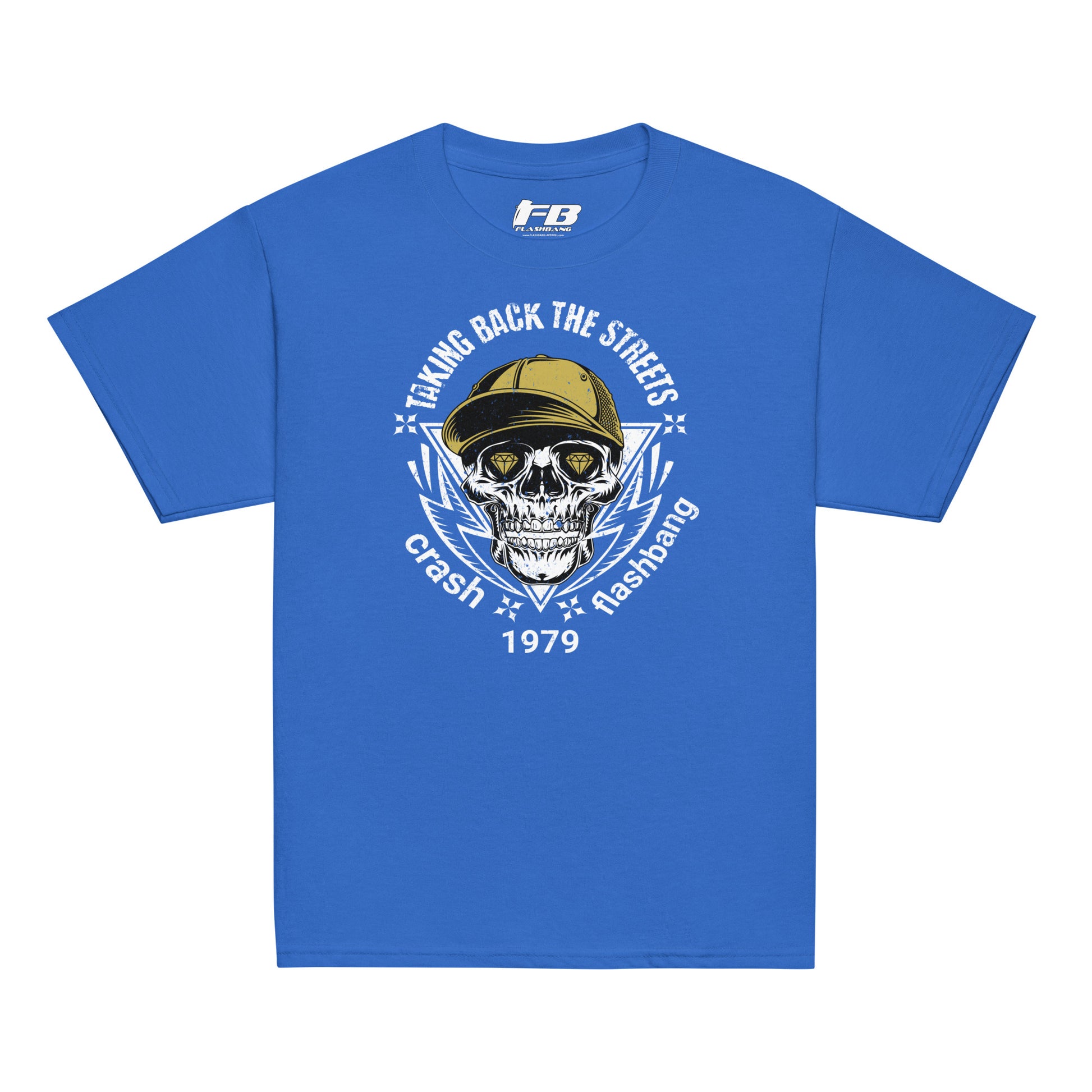 Blue t-shirt with a graphic design featuring a skull and text on a white background