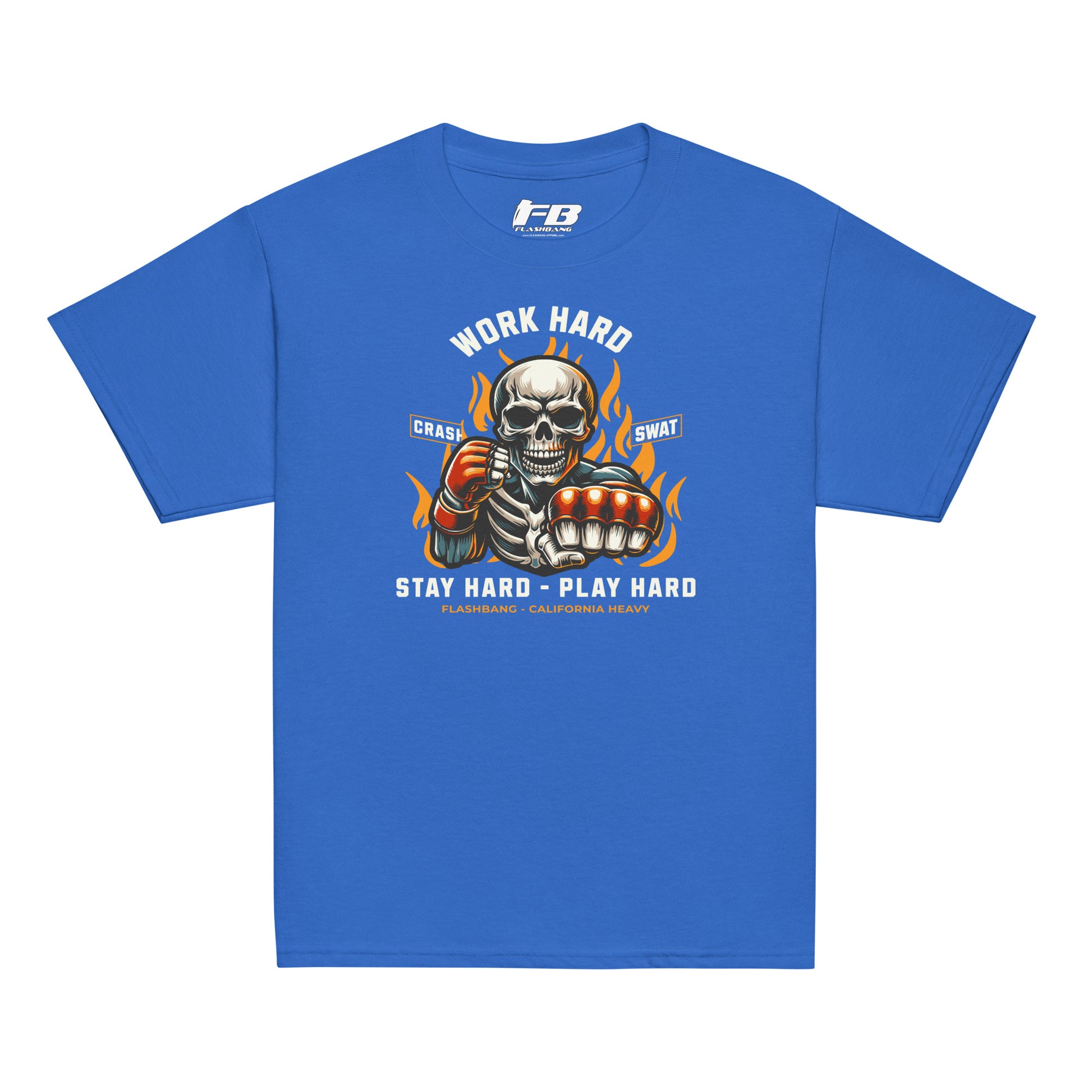 Blue t-shirt with a graphic design featuring a skeleton and text on a white background