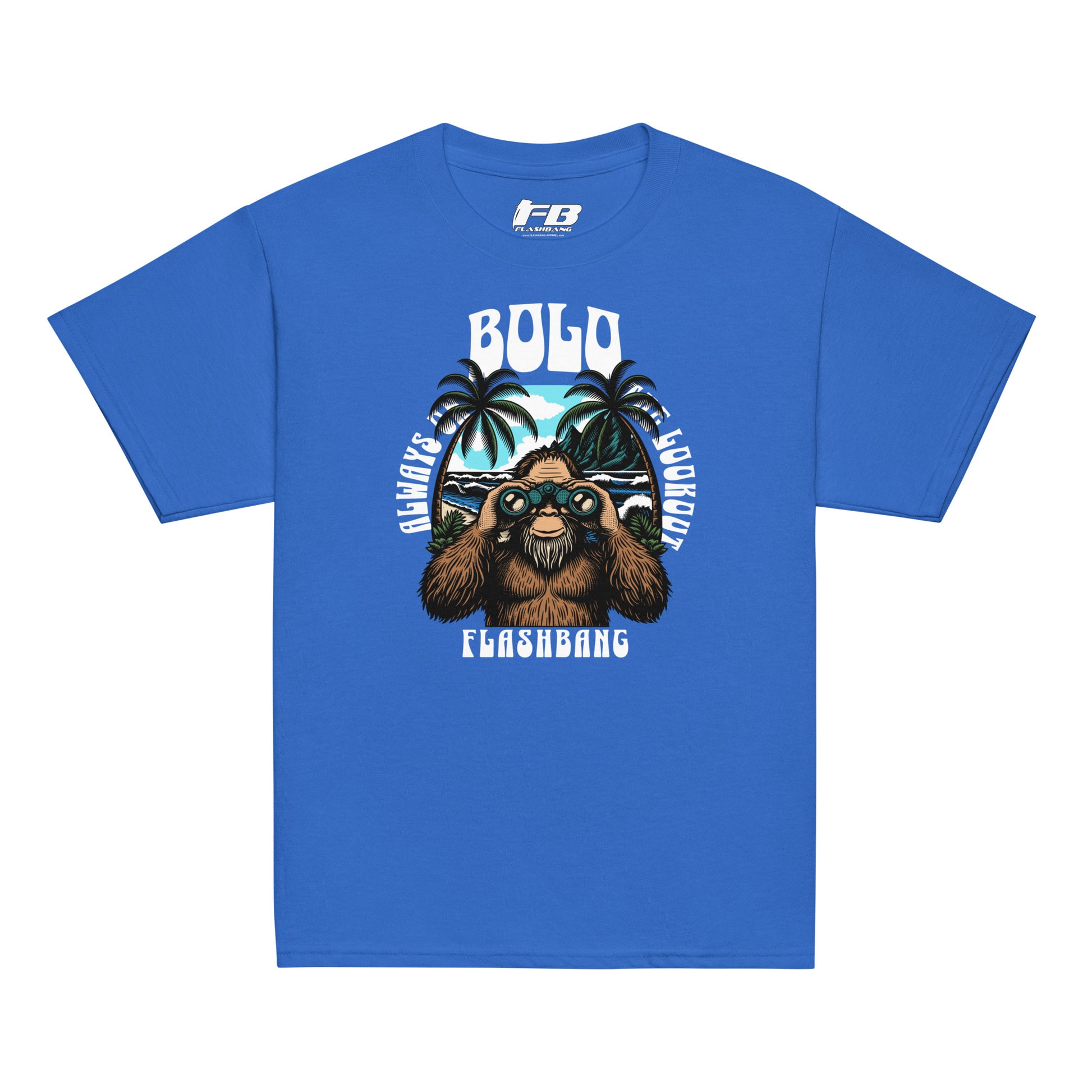 Blue t-shirt with a graphic of a monkey and text on a white background