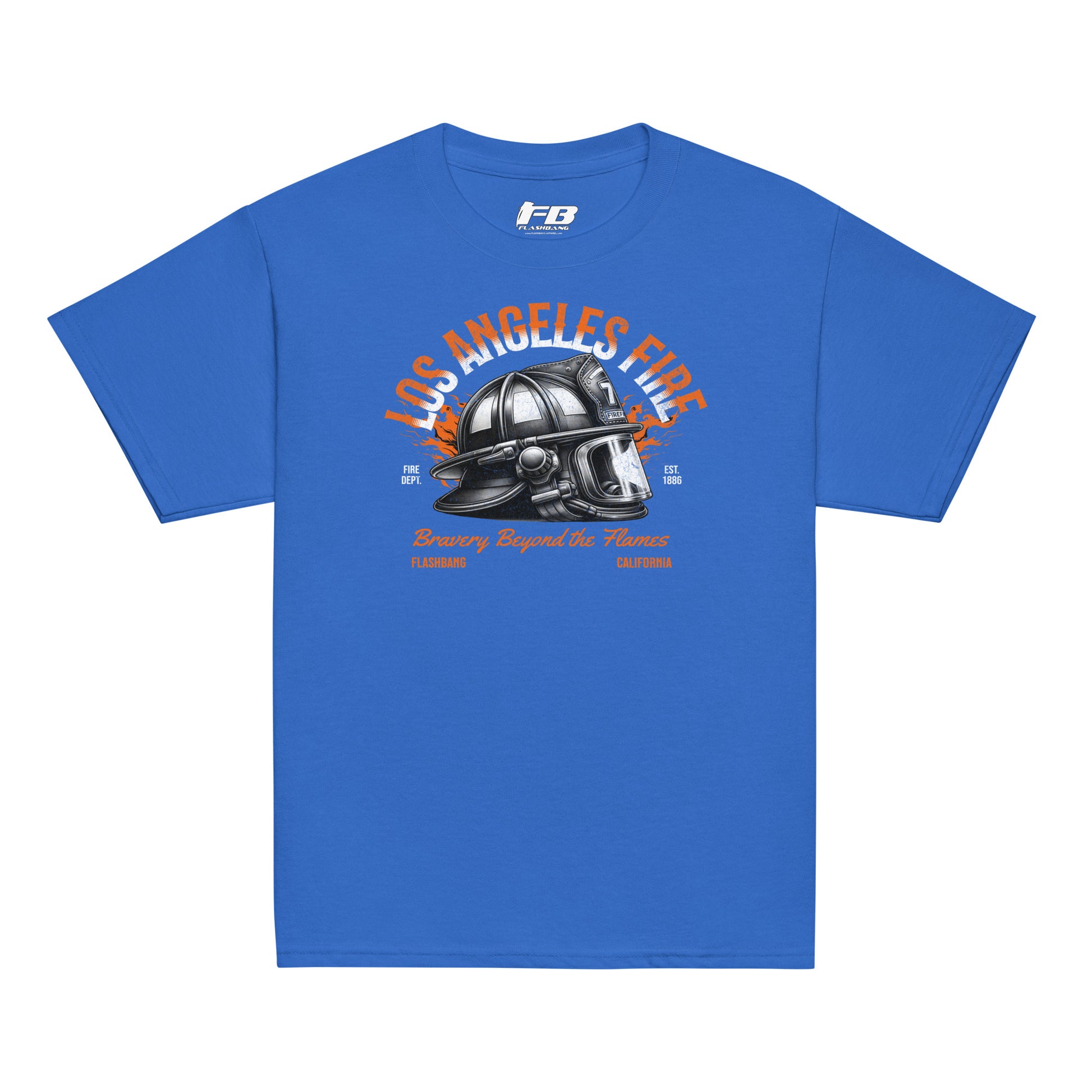 Blue t-shirt with a fire helmet graphic and text on a white background
