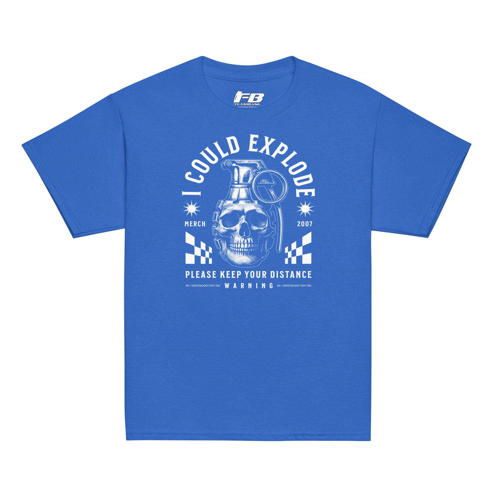 Blue t-shirt with white graphic design featuring a skull and text on a white background