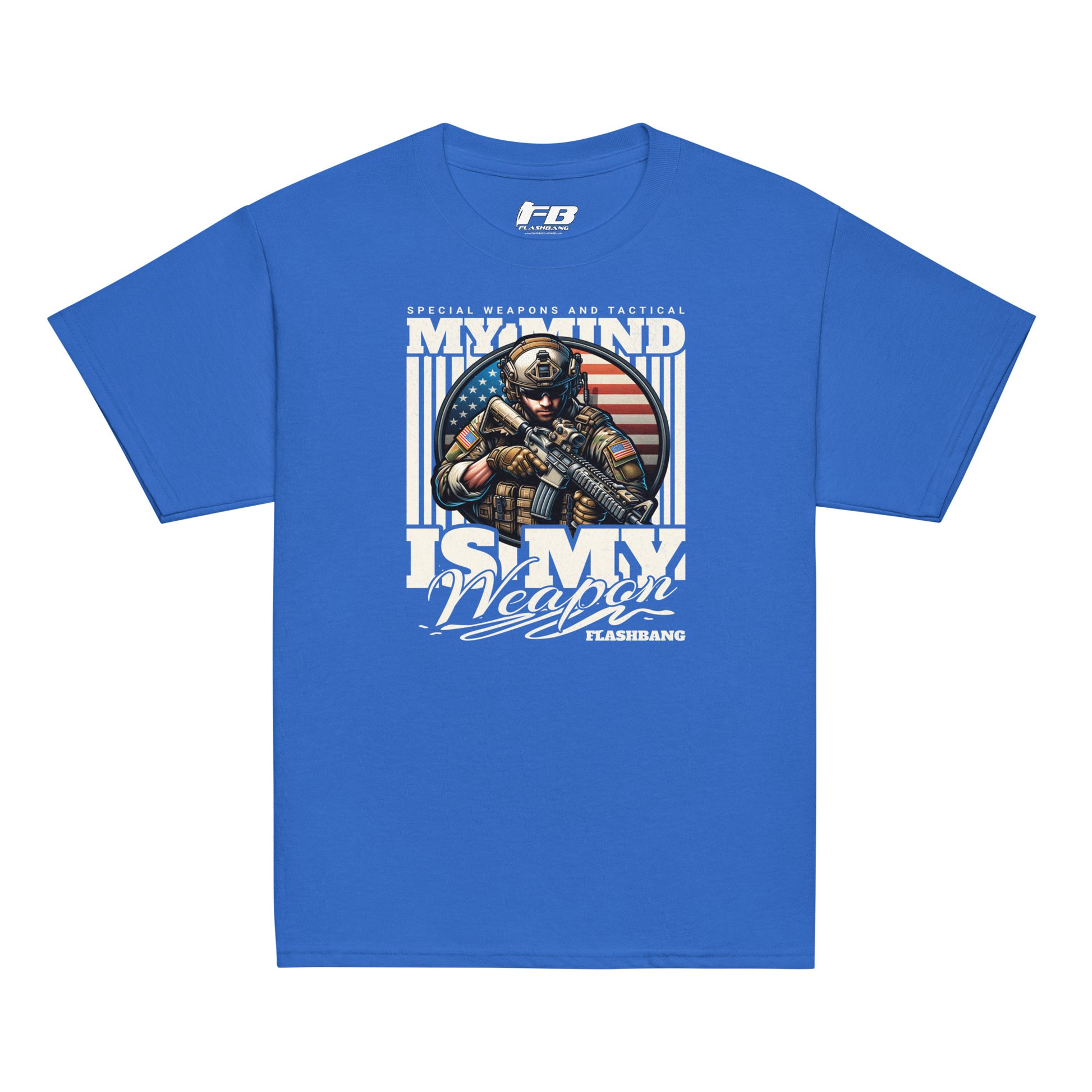 Blue t-shirt with graphic design featuring a soldier and text on a white background
