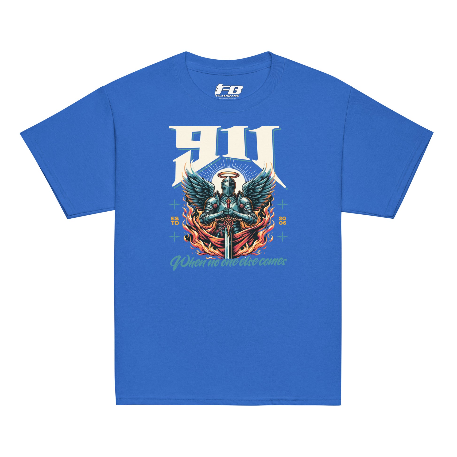 Blue t-shirt with a graphic design featuring an angel and text on a white background