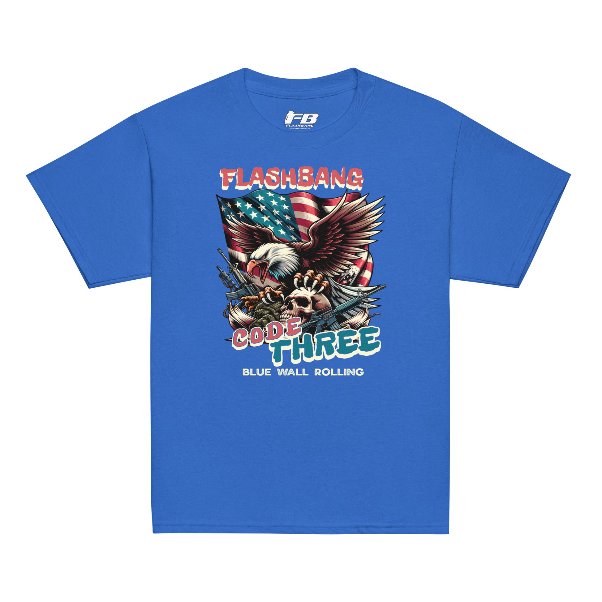 Blue t-shirt with an eagle graphic and text on a white background