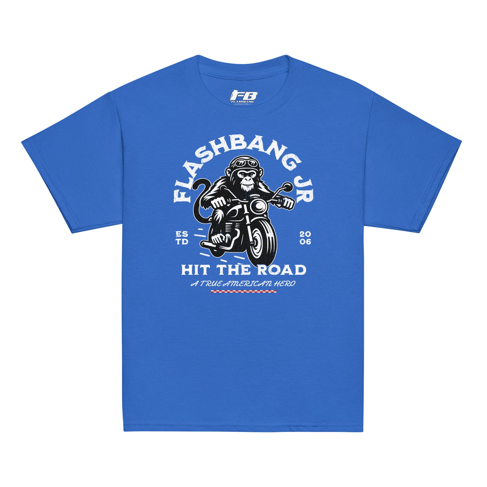 Blue t-shirt with graphic design featuring a monkey on a motorcycle and text on a white background