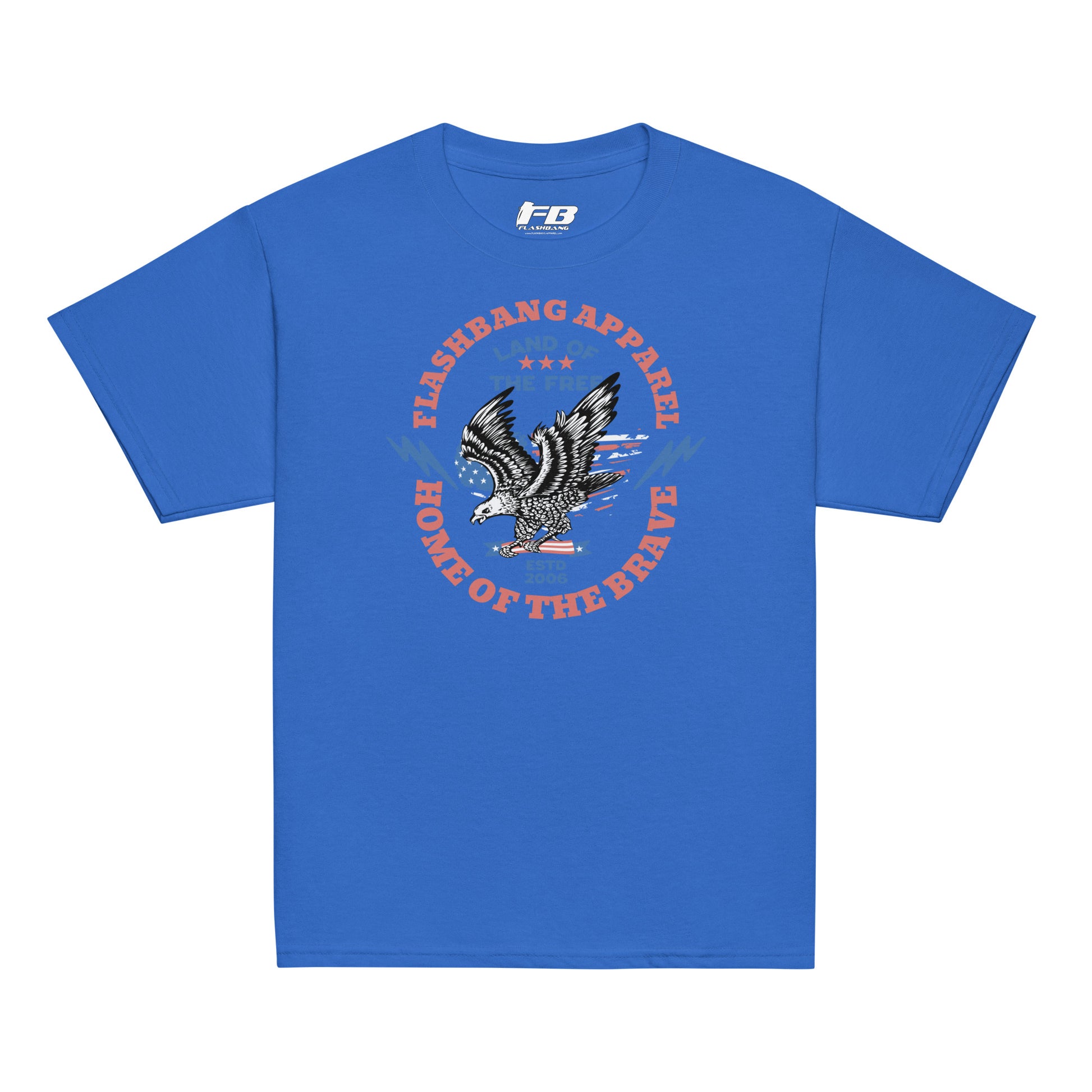 Blue t-shirt with an eagle graphic and text on a white background