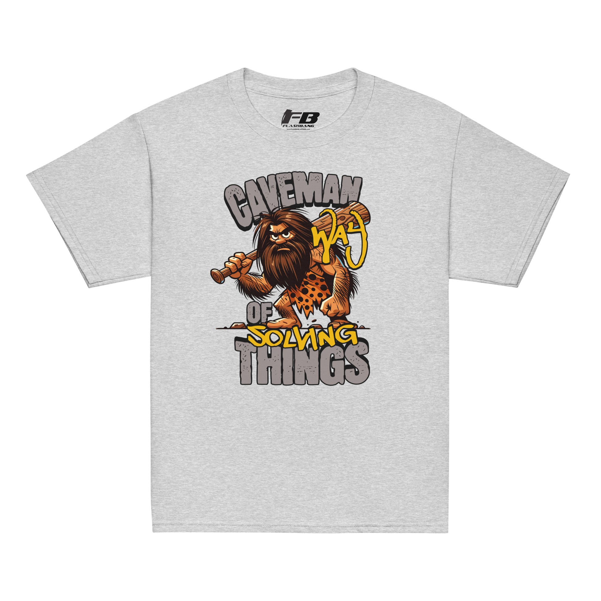 Gray t-shirt with a cartoon caveman design and text on a white background