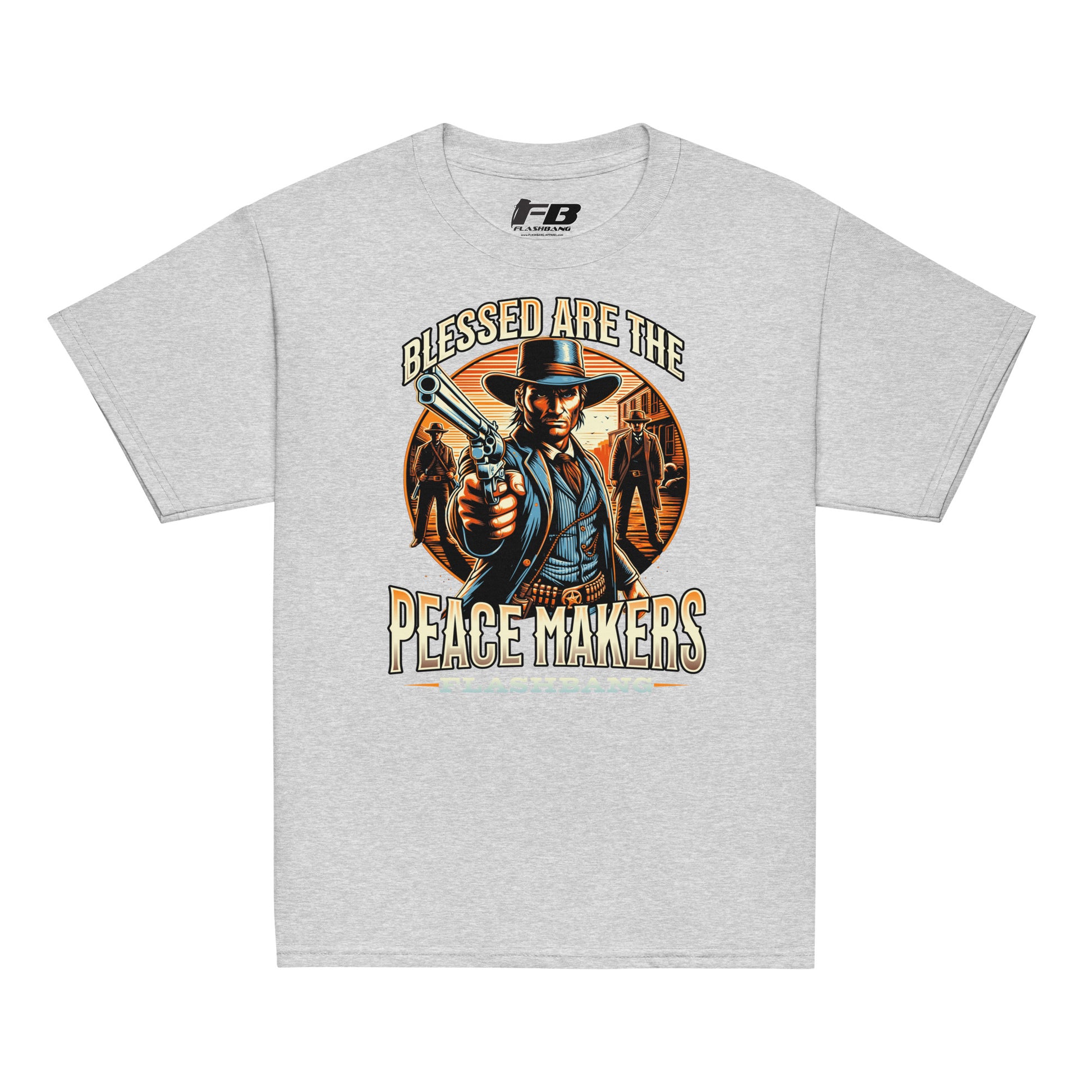 Gray t-shirt with a graphic design featuring a cowboy and text on a white background