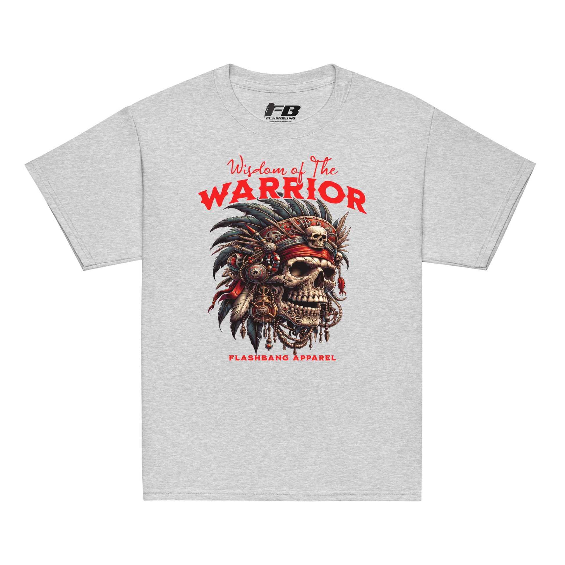 Gray t-shirt with a skull and feather design and 'Warrior' text on a white background