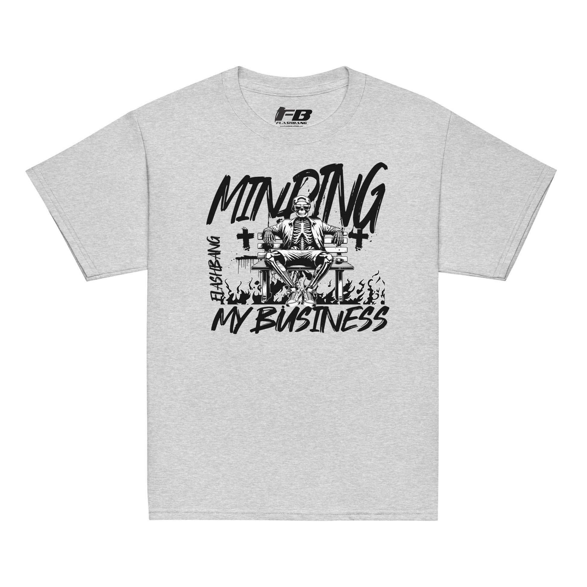 Gray t-shirt with black graphic design and text on a white background