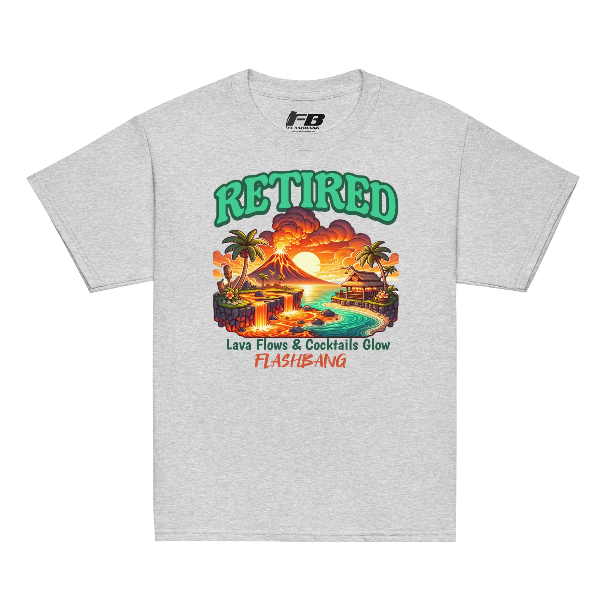 Gray t-shirt with a colorful graphic design on a white background
