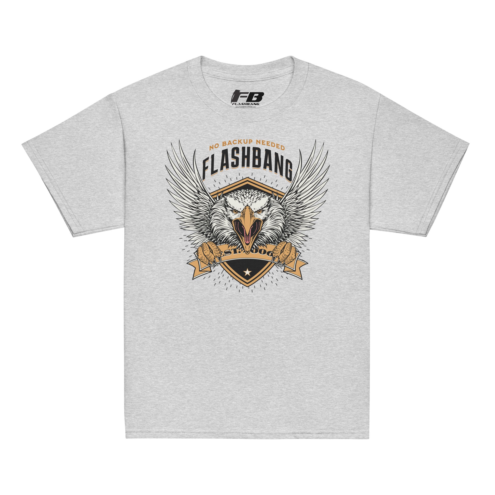 Gray t-shirt with 'Flashbang' graphic design featuring an eagle and text on a white background
