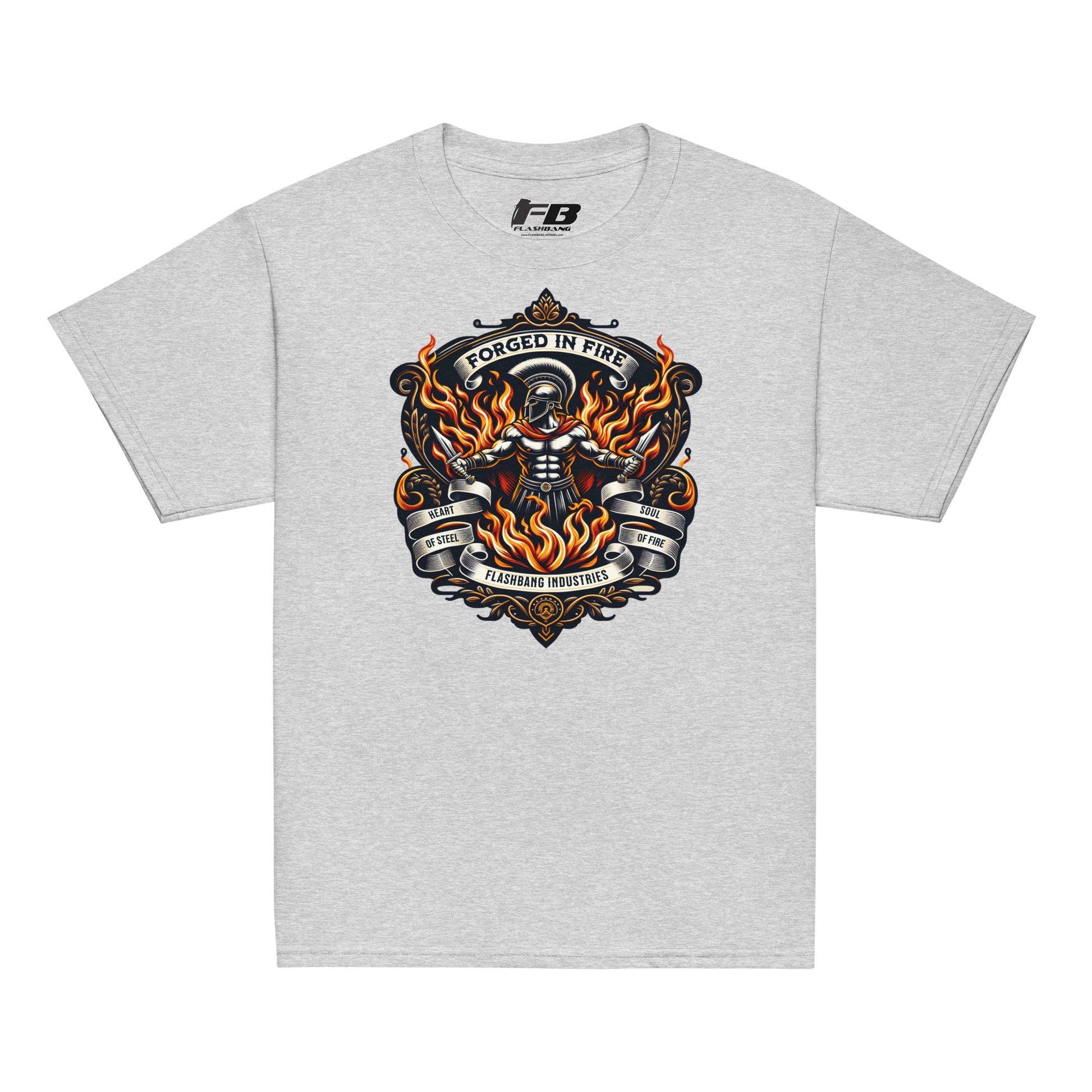 Gray t-shirt with a graphic design featuring flames and text on a white background