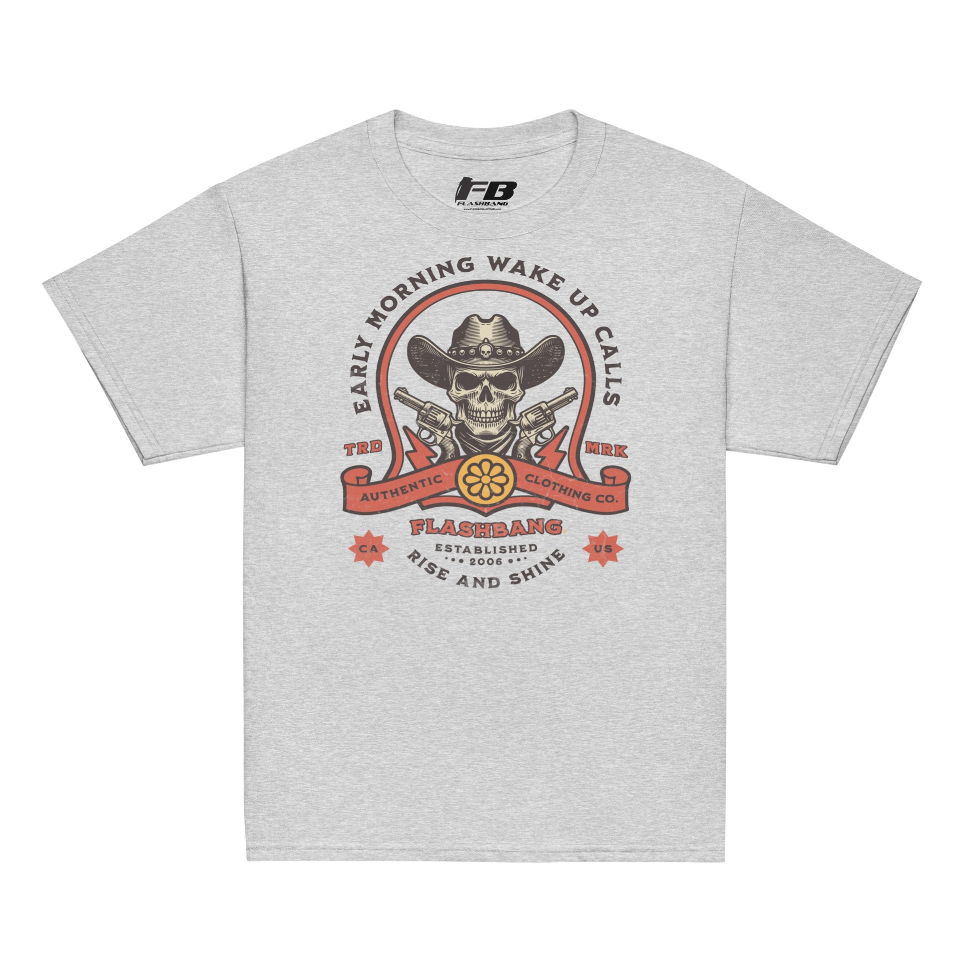 Gray t-shirt with a graphic design featuring a cowboy hat, skull, and text on a white background.