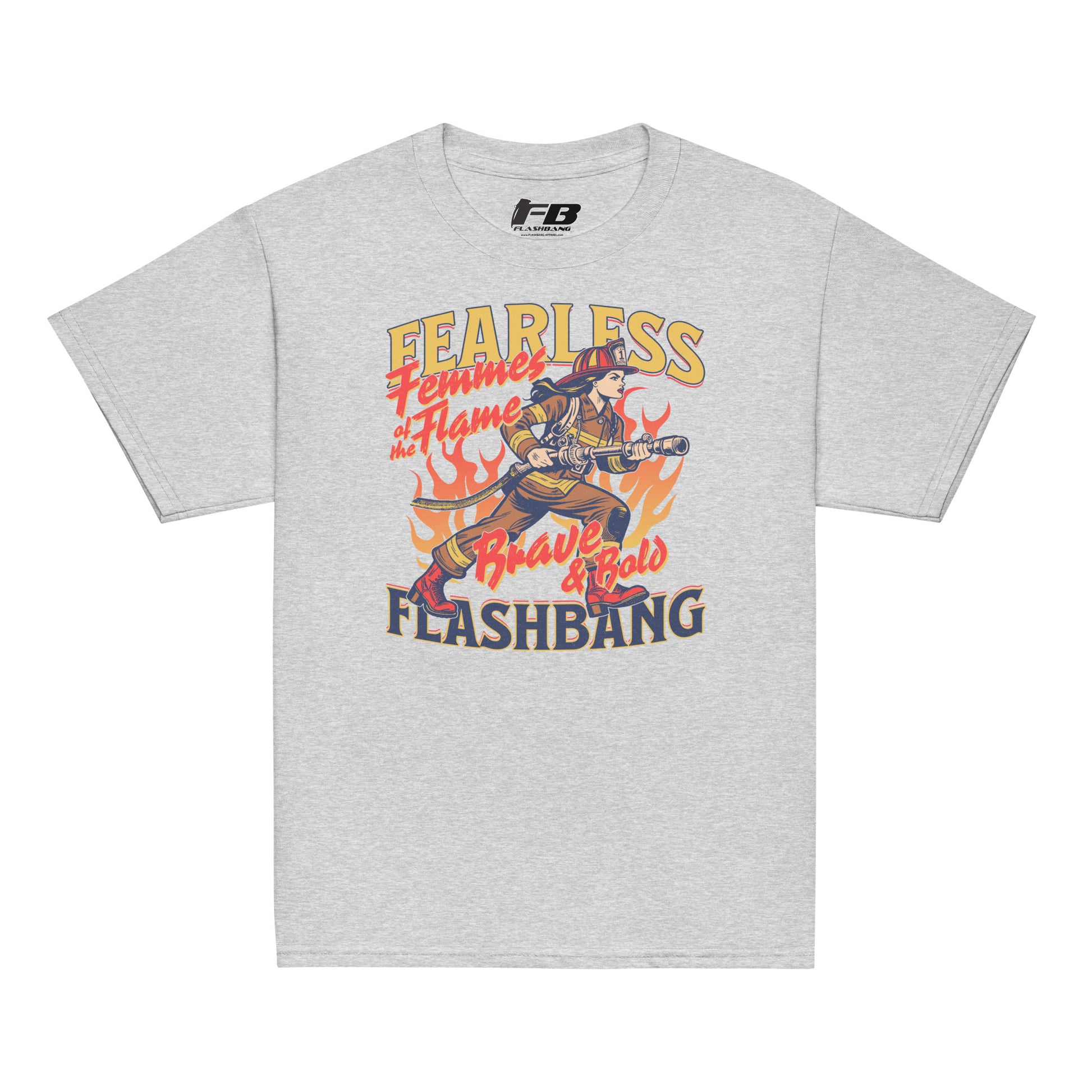 Gray t-shirt with graphic design featuring a character and text on a white background