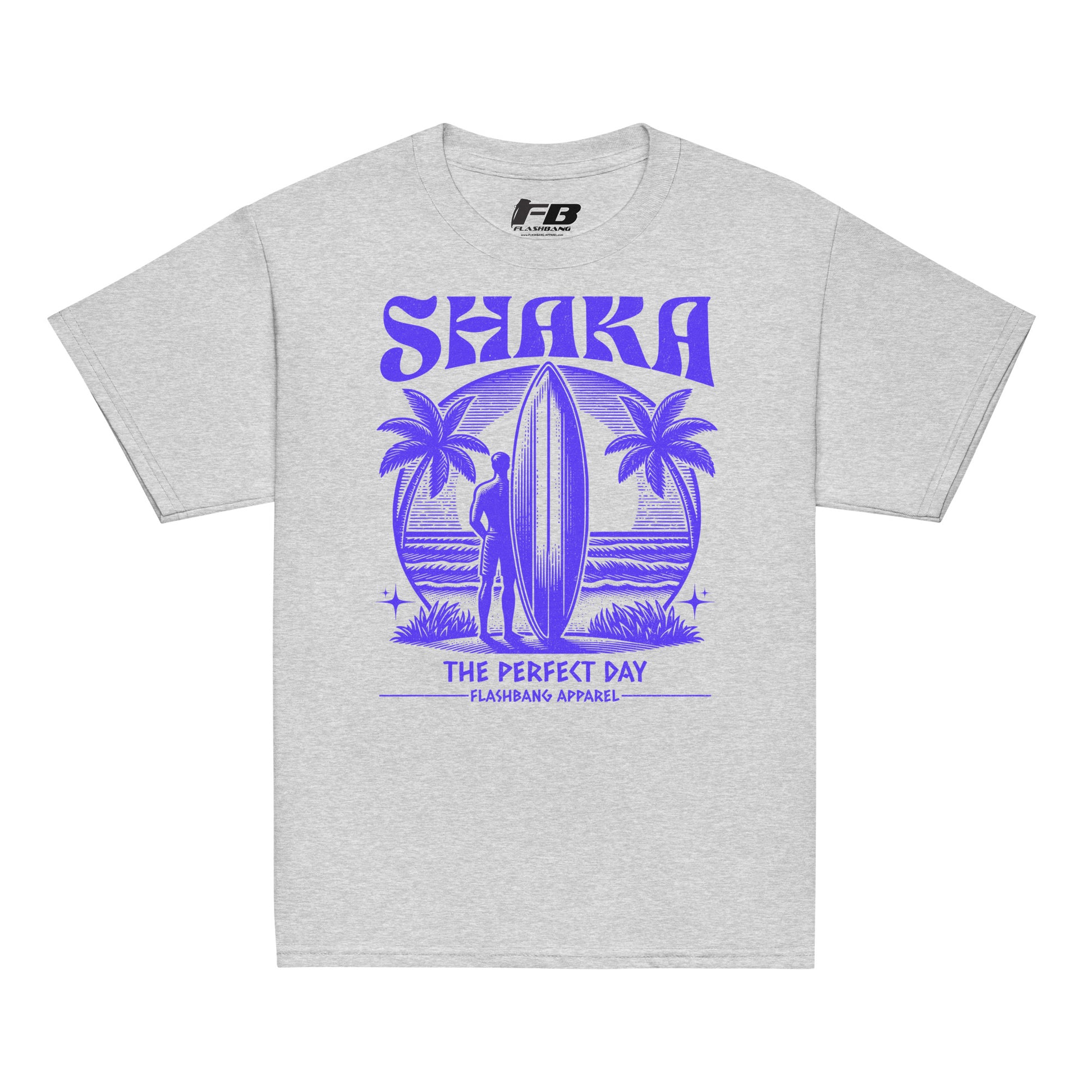 Gray t-shirt with purple 'Shaka' graphic design on a white background