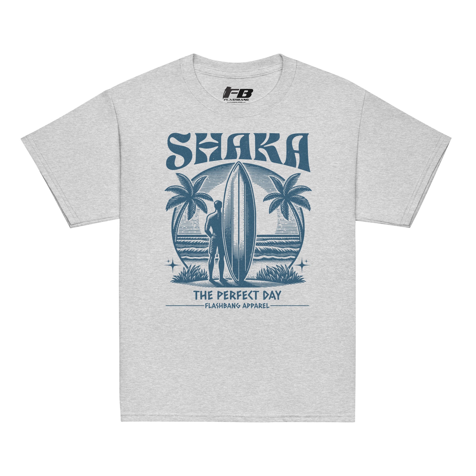 Gray t-shirt with blue graphic design featuring a surfer and palm trees on a white background.