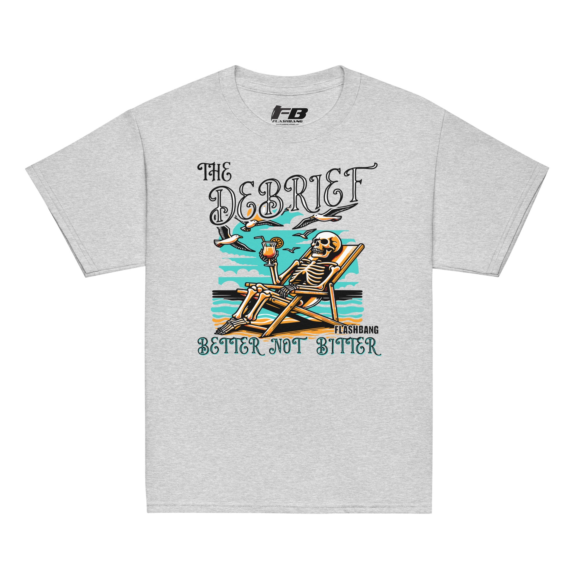 Gray t-shirt with a skeleton design and text on a white background