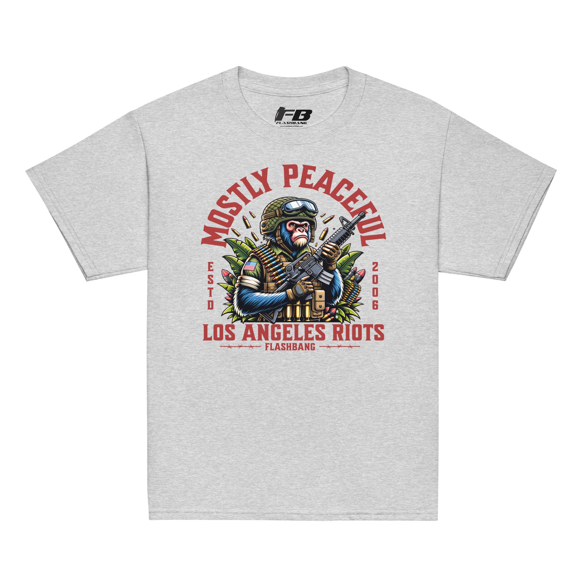 Gray t-shirt with graphic design featuring a monkey holding a gun and text on a white background