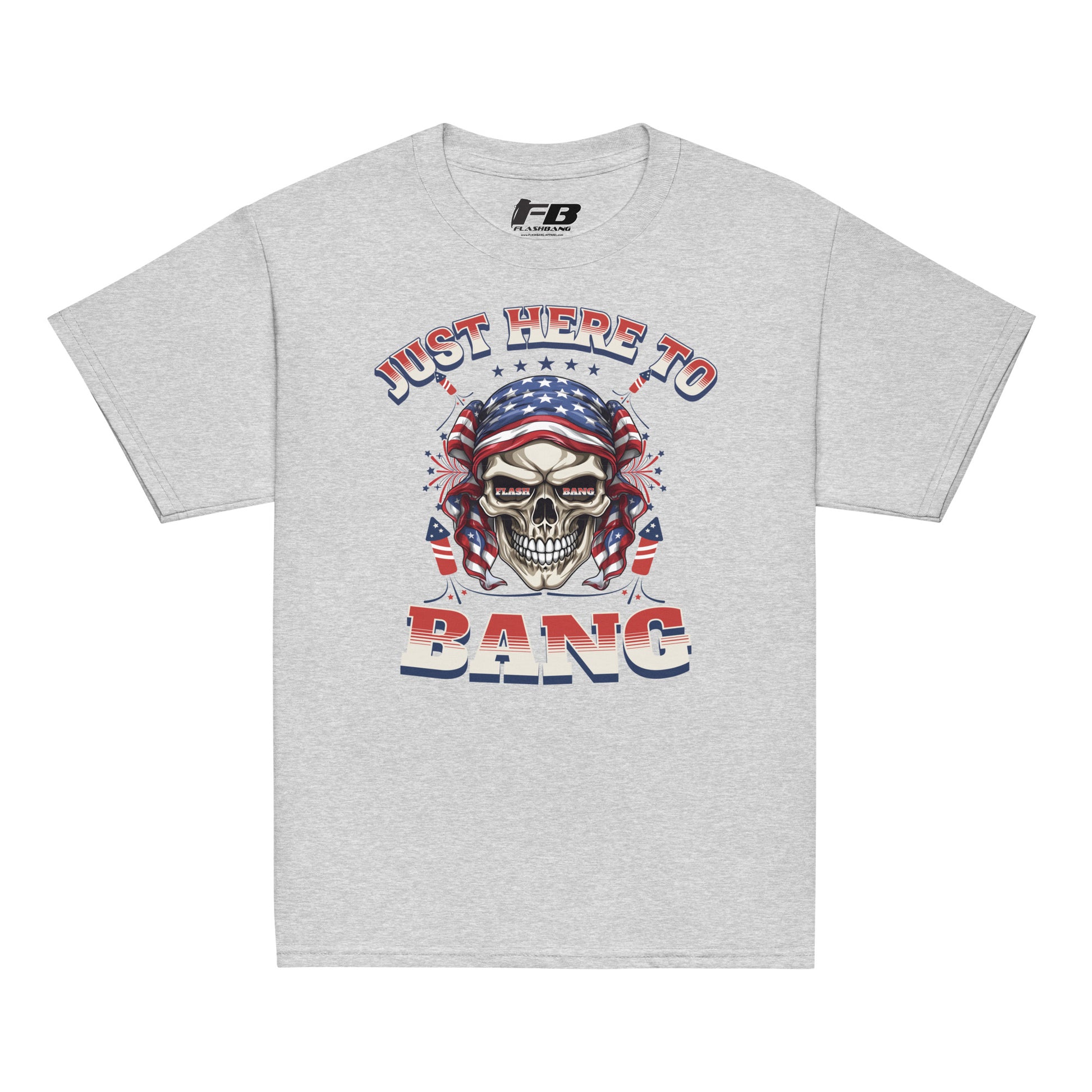 Gray t-shirt with a skull graphic and text 'Just Here To Bang' on a white background