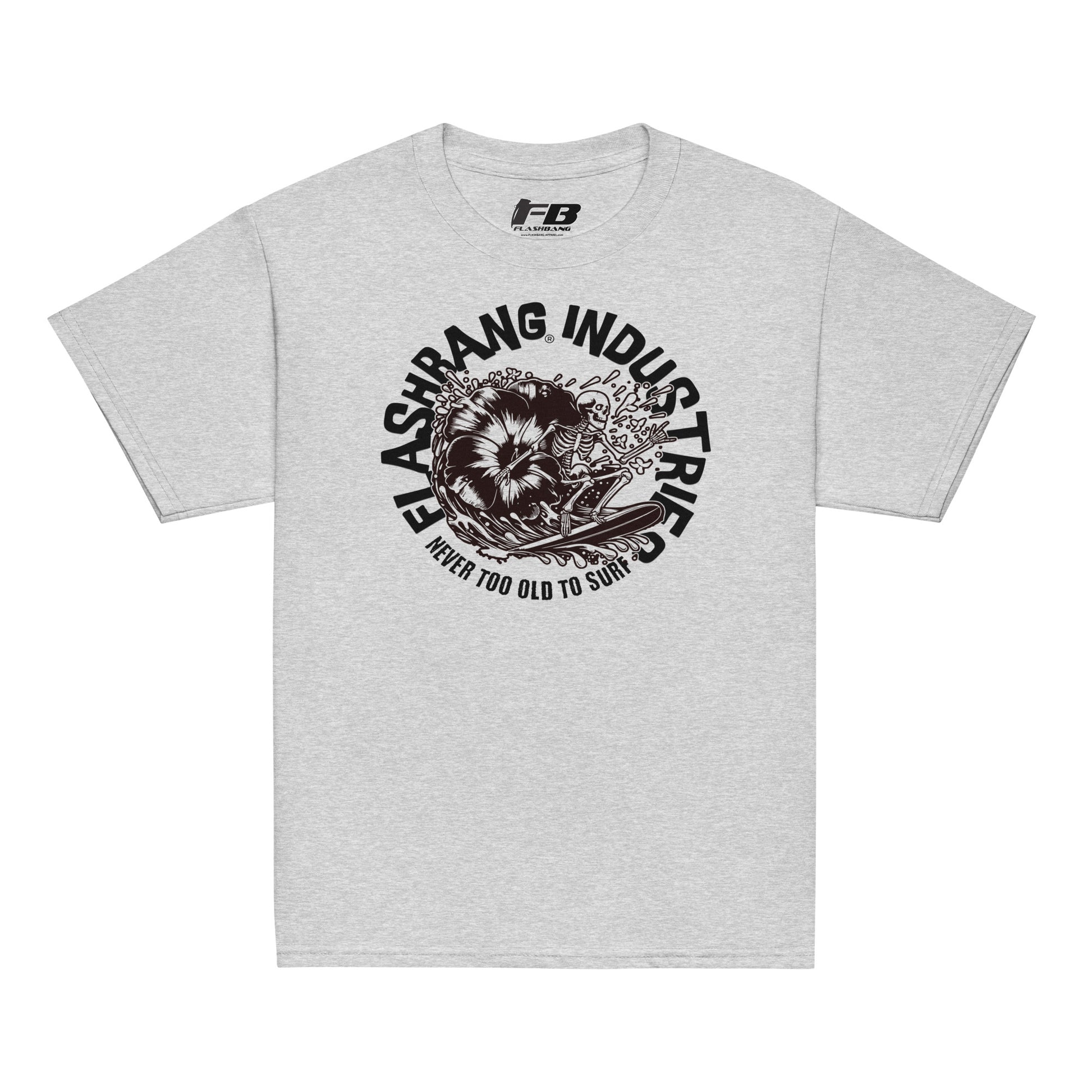 Gray t-shirt with black graphic design and text on a white background