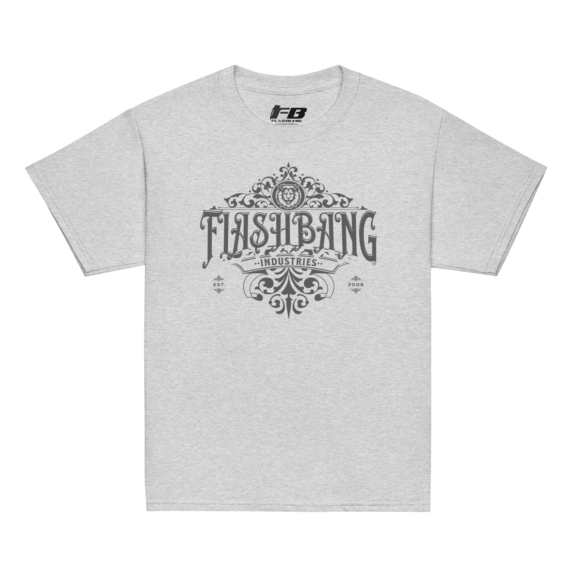 Gray t-shirt with 'Flashbang Industries' logo on a white background