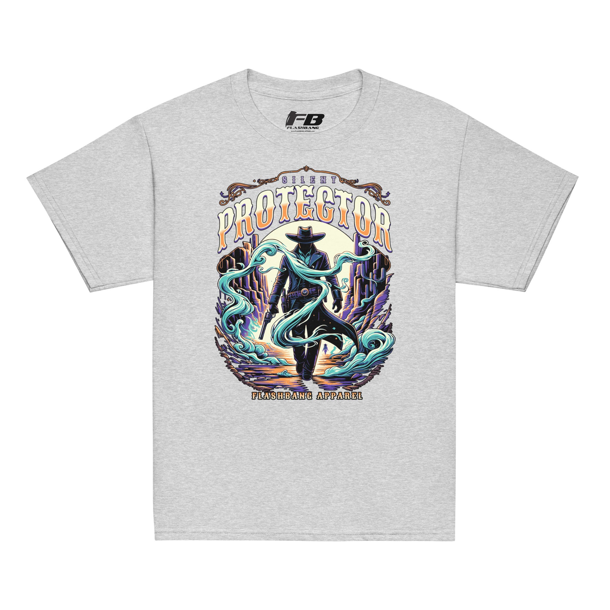 Gray t-shirt with a graphic design featuring a cowboy and text on a white background