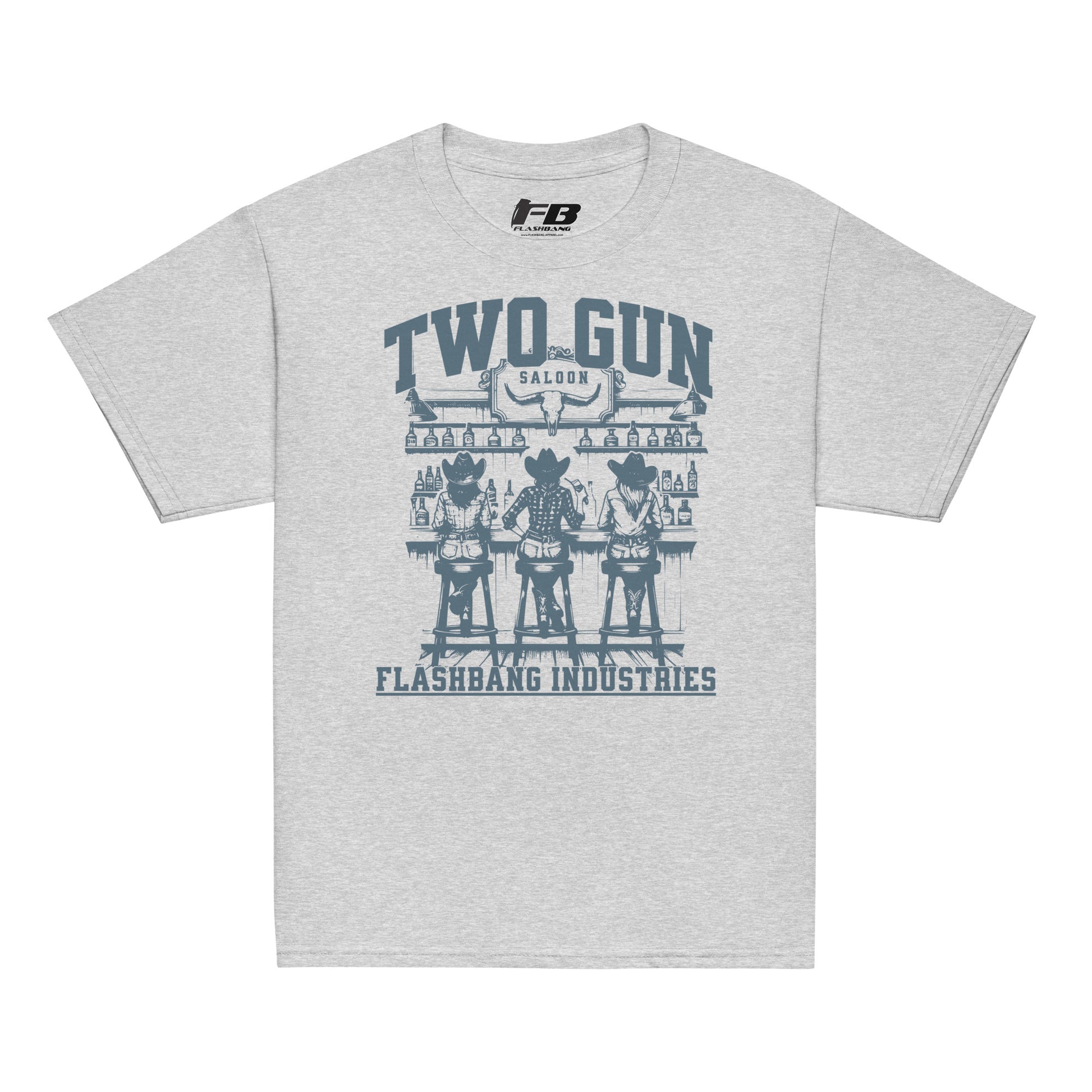 Gray t-shirt with graphic design and 'Two Gun' text on a white background