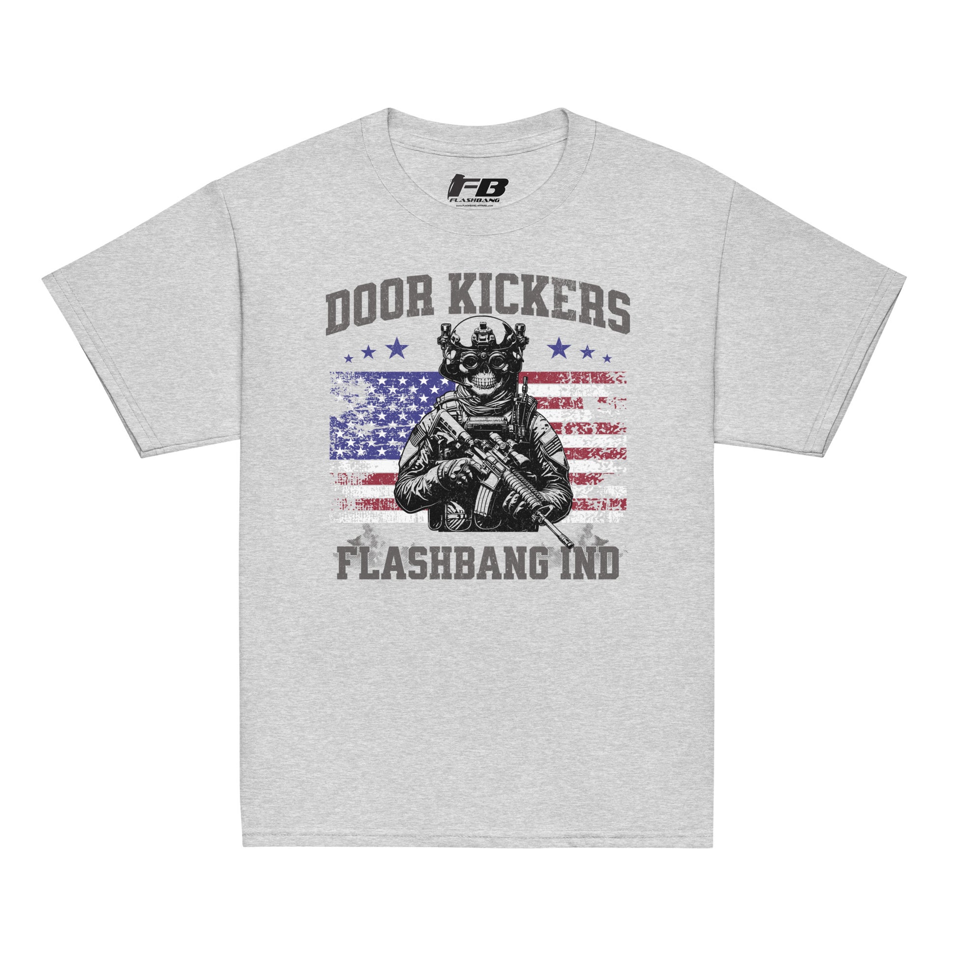 Gray t-shirt with graphic design and text on a white background