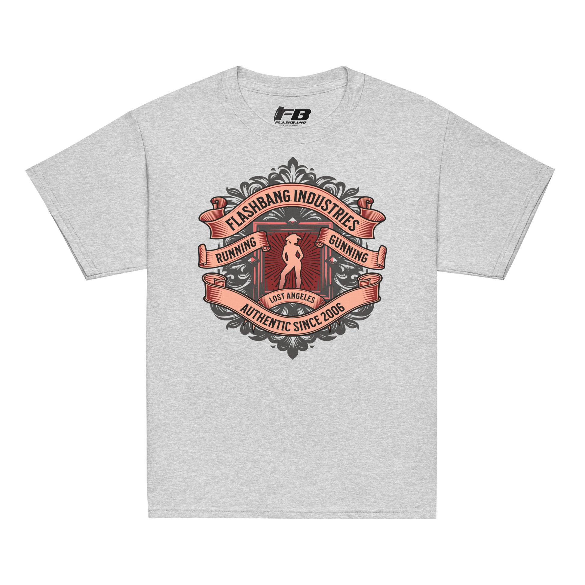 Gray t-shirt with a graphic design on a white background