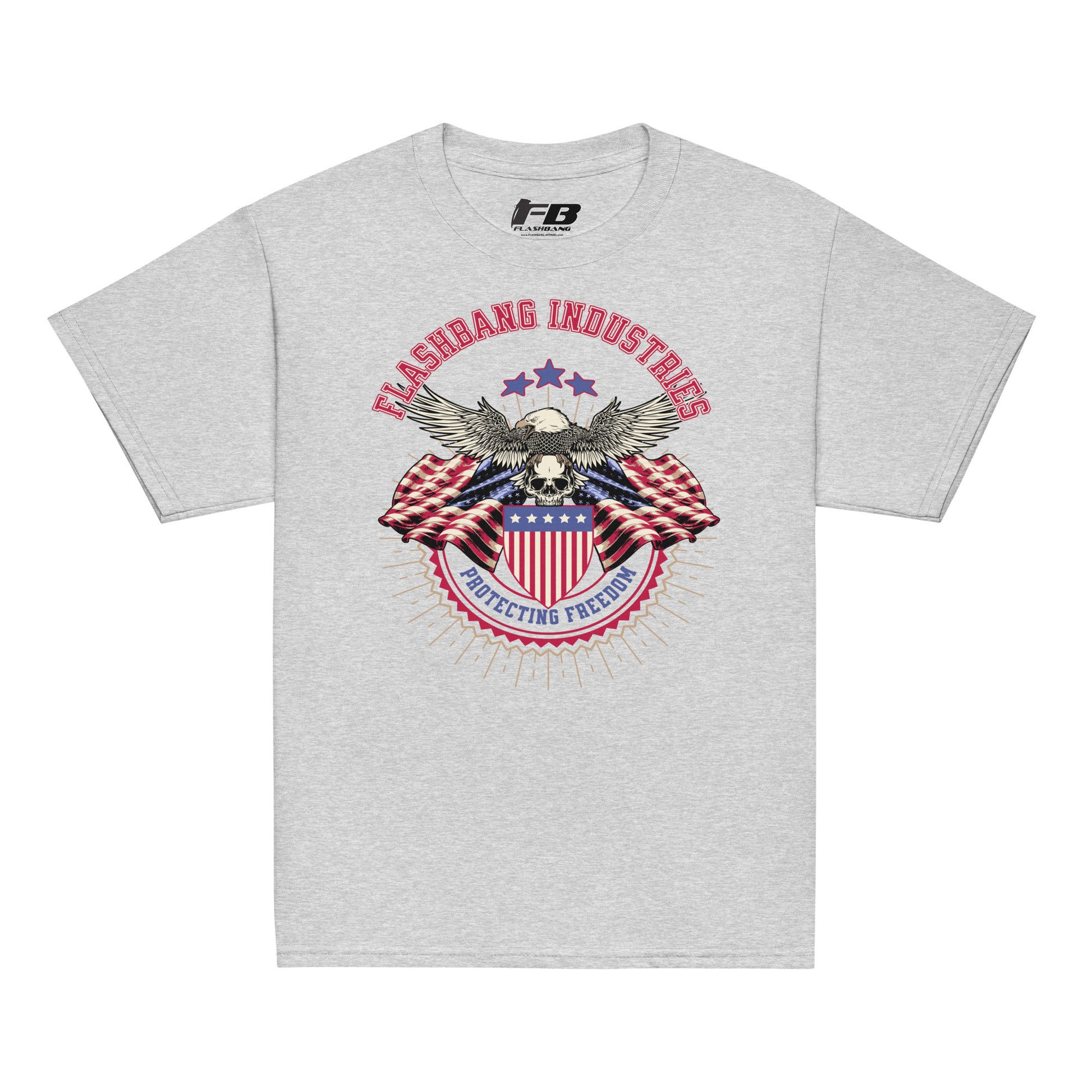 Gray t-shirt with 'Flashbang Industries' graphic featuring an eagle and American flag on a white background
