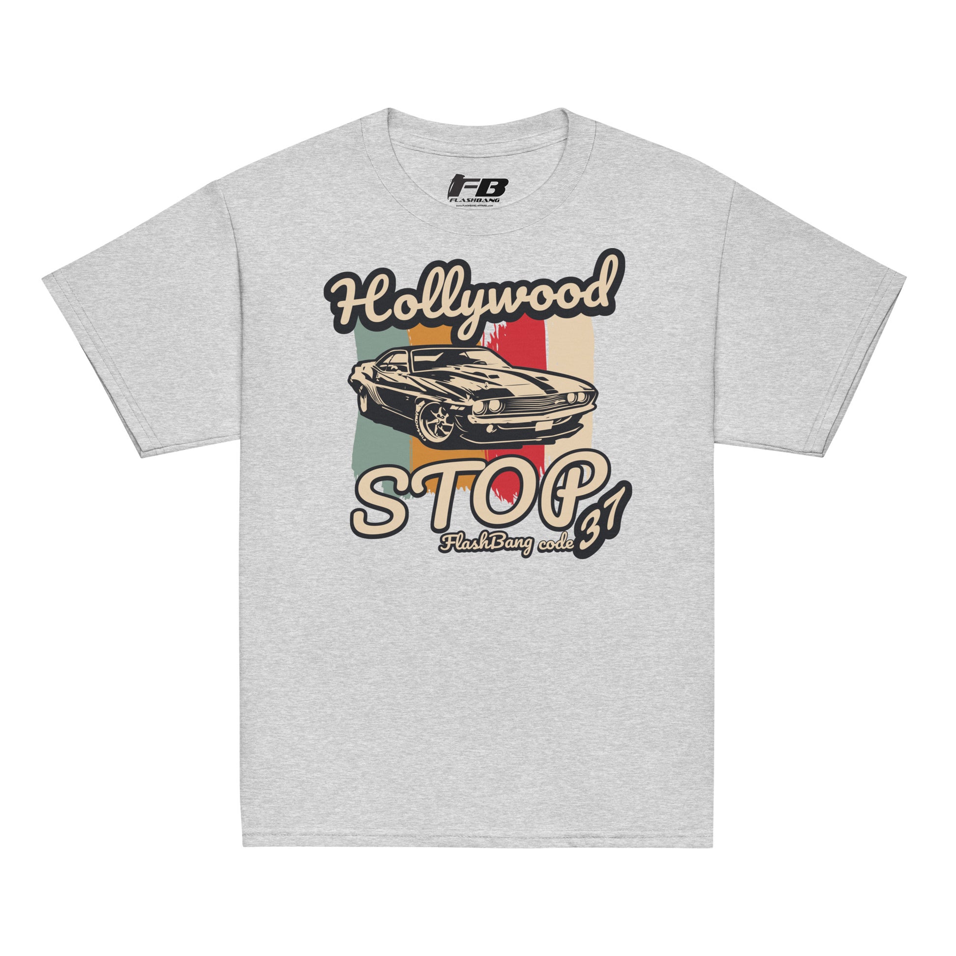 Gray t-shirt with vintage car graphic and 'Hollywood Stop' text on a white background