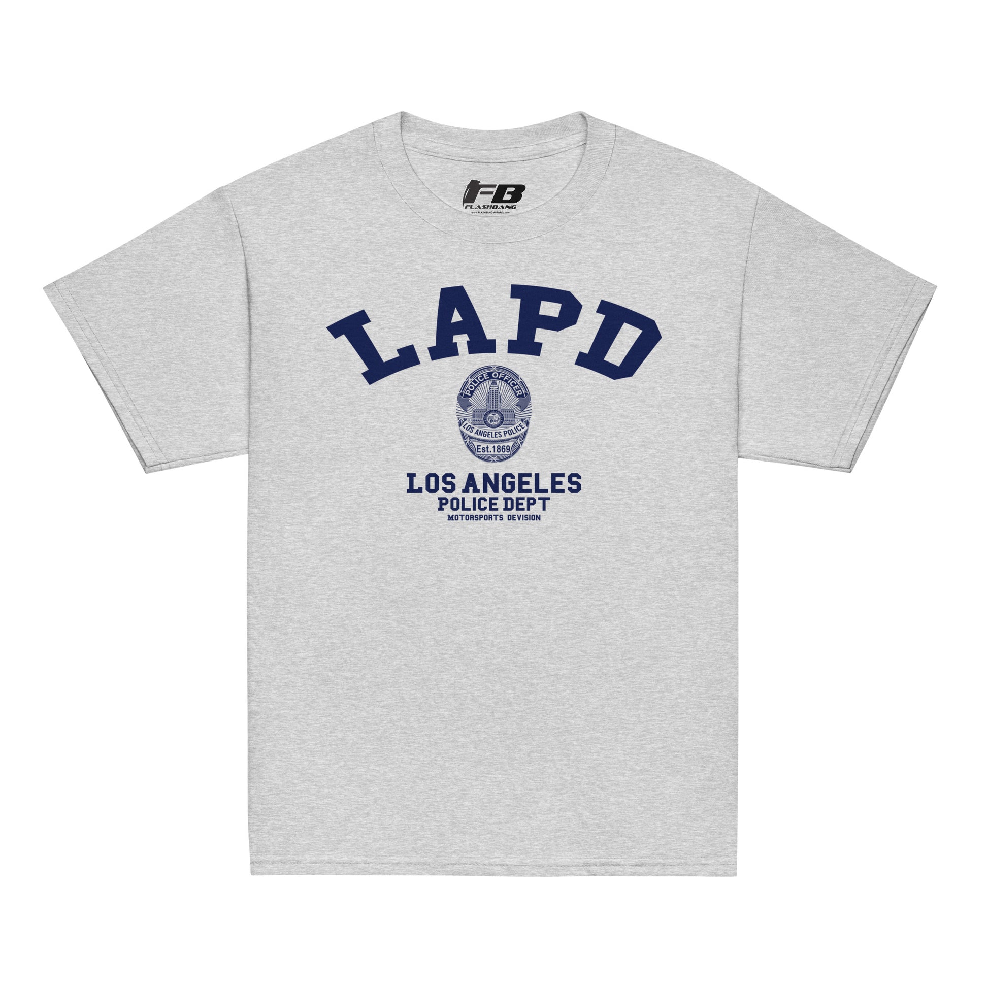 Gray t-shirt with LAPD Los Angeles Police Dept logo on a white background
