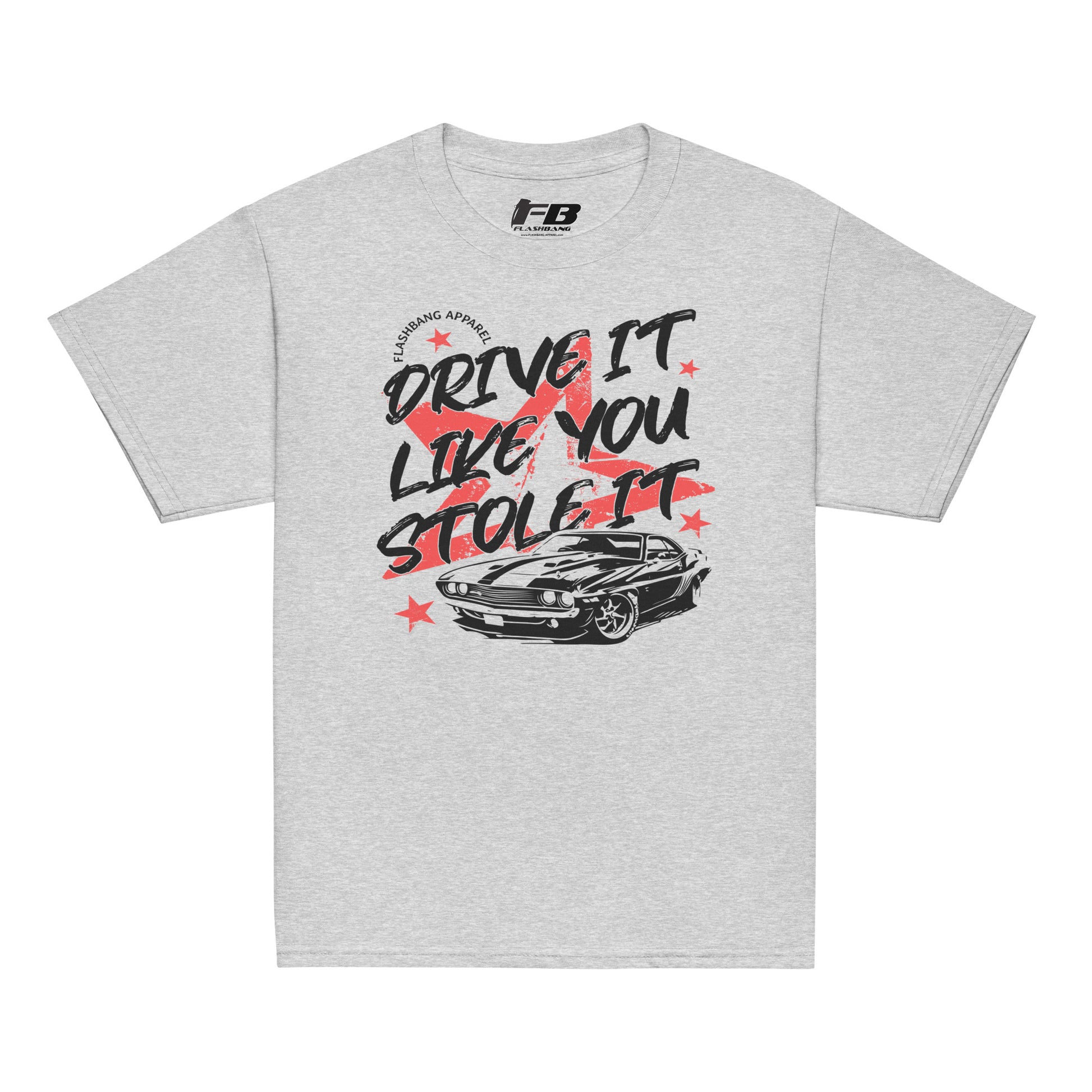 Gray t-shirt with graphic design and text on a white background