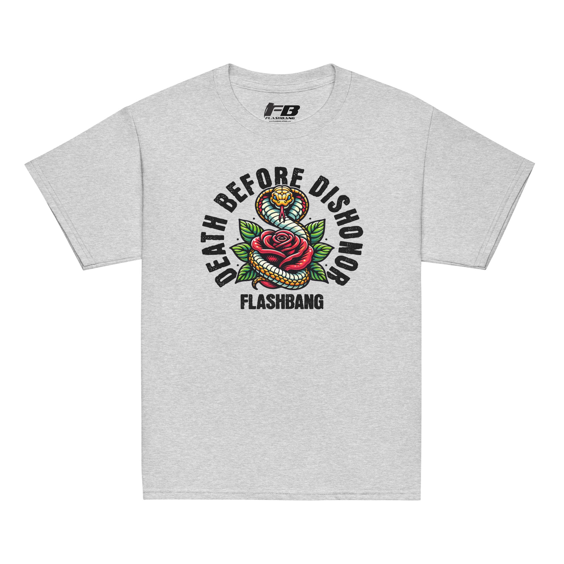 Gray t-shirt with 'Death Before Dishonor' graphic design on a white background