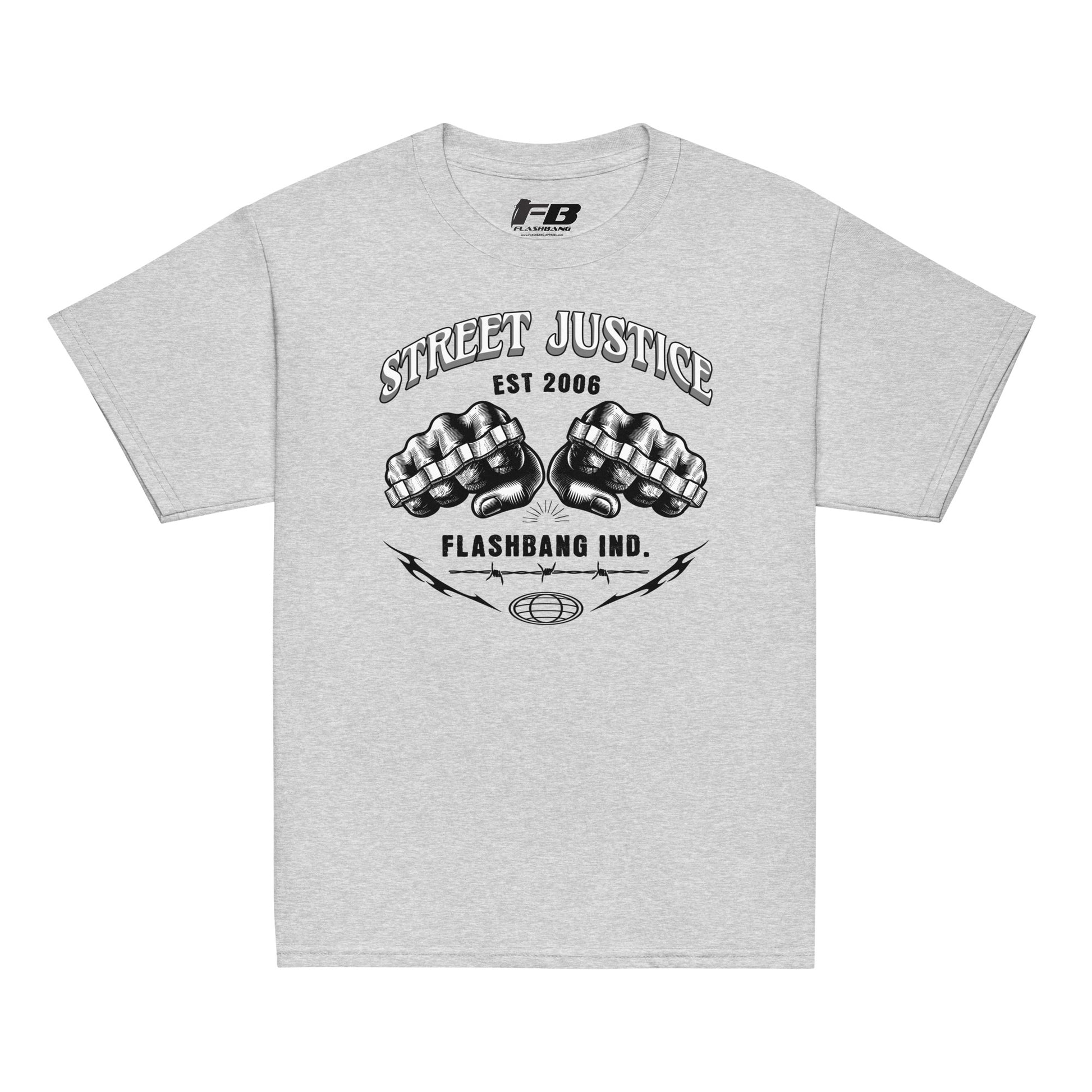 Gray t-shirt with black graphic design and text on a white background