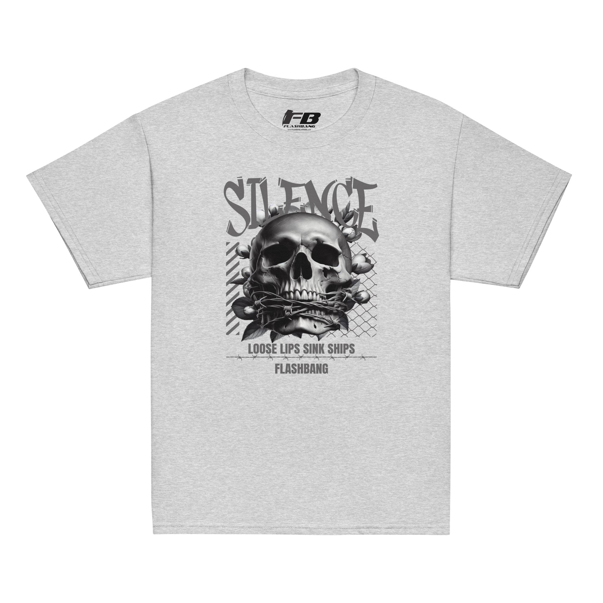 Gray t-shirt with a skull graphic and text on a white background