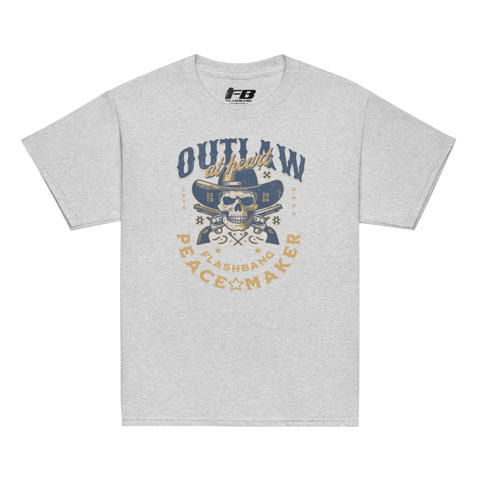 Gray t-shirt with graphic design and text on a white background