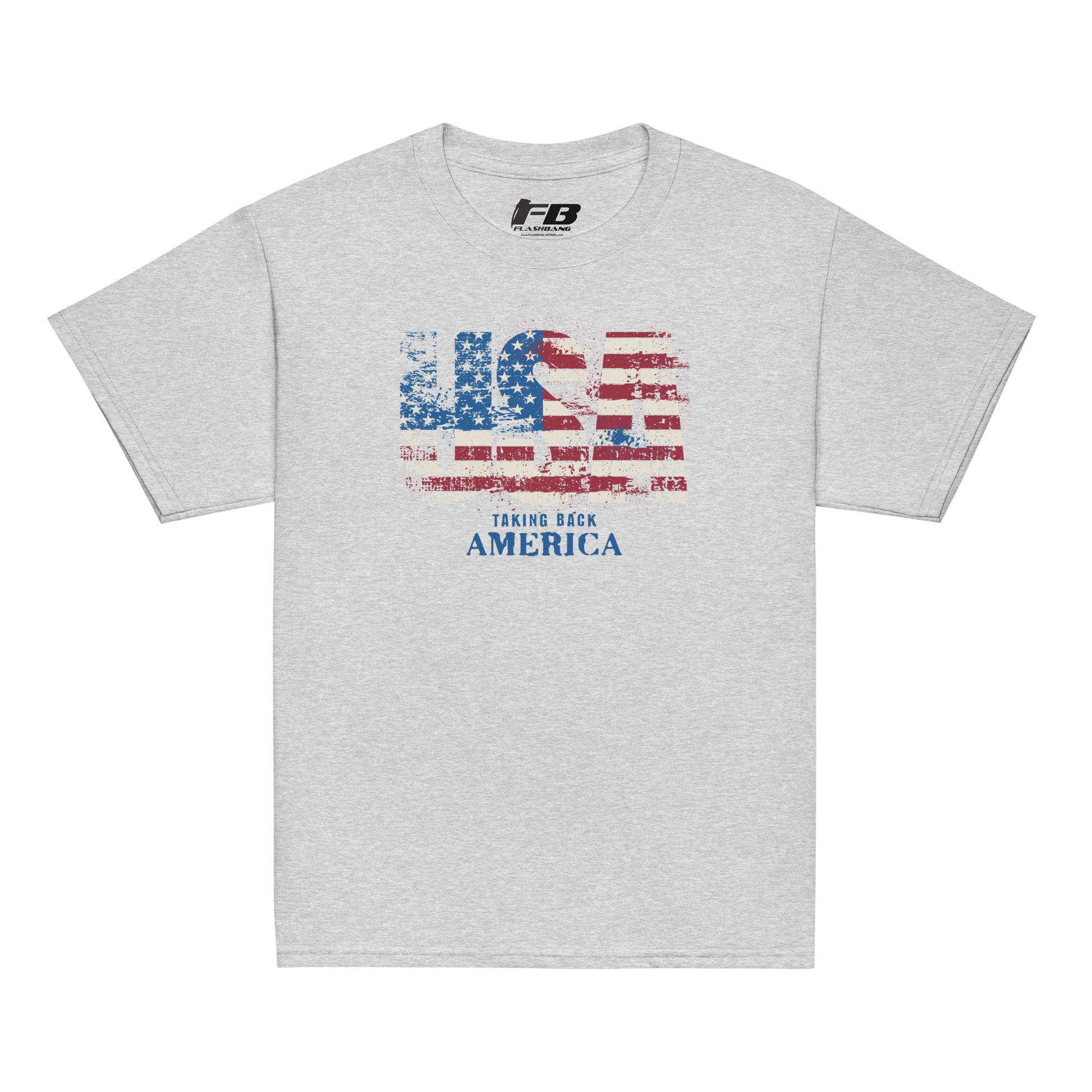 Gray t-shirt with American flag graphic and text on a white background