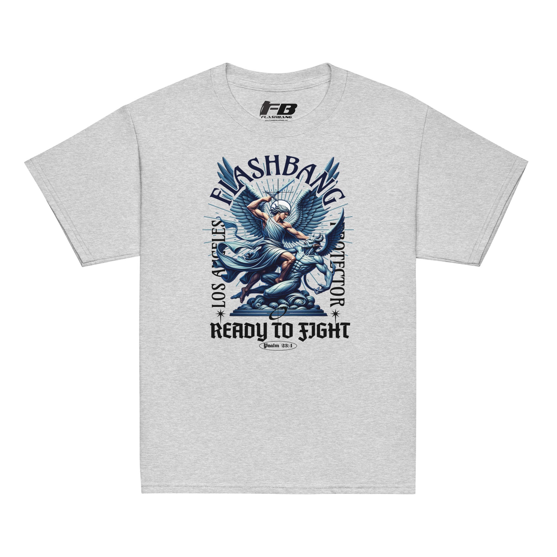 Gray t-shirt with graphic design and text on a white background