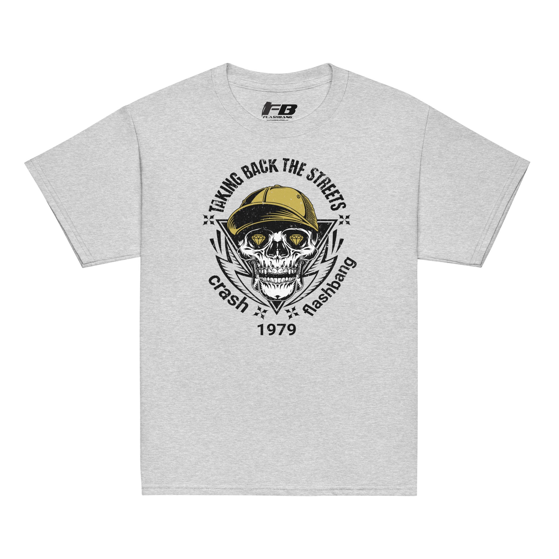 Gray t-shirt with skull and helmet graphic and 'Taking Back the Streets' text on a white background