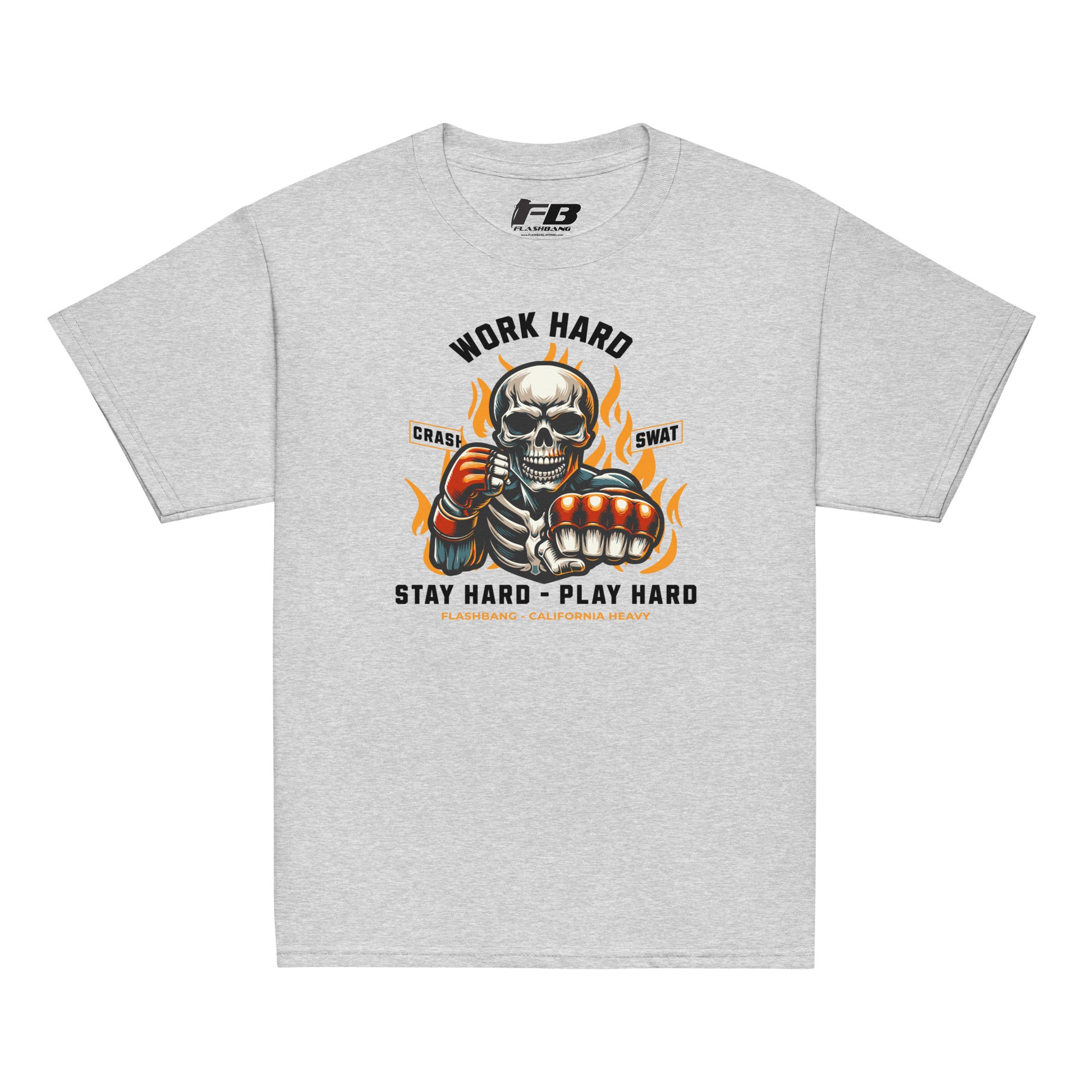 Gray t-shirt with a graphic design featuring a skull and text on a white background