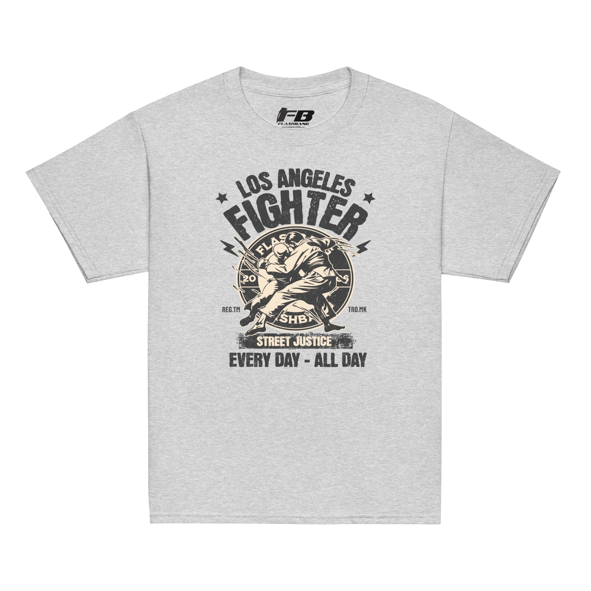 Gray t-shirt with 'Los Angeles Fighter' graphic design on a white background