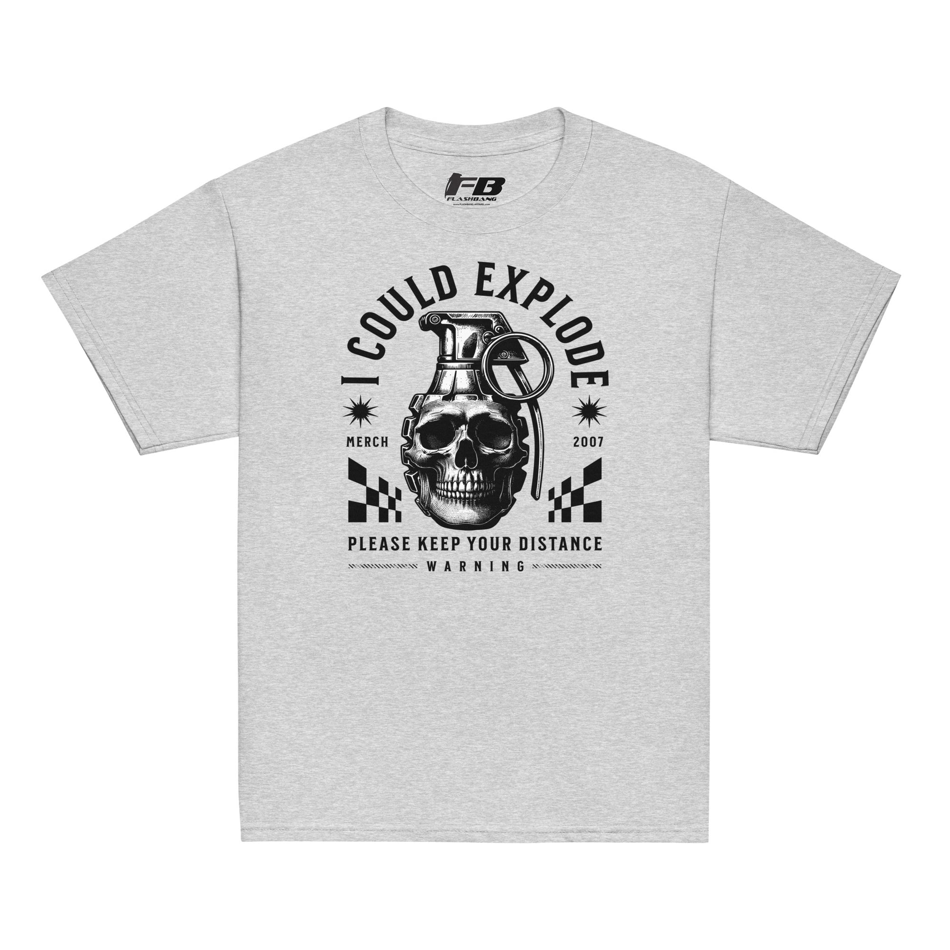 Gray t-shirt with a graphic design featuring a skull and grenade on a white background