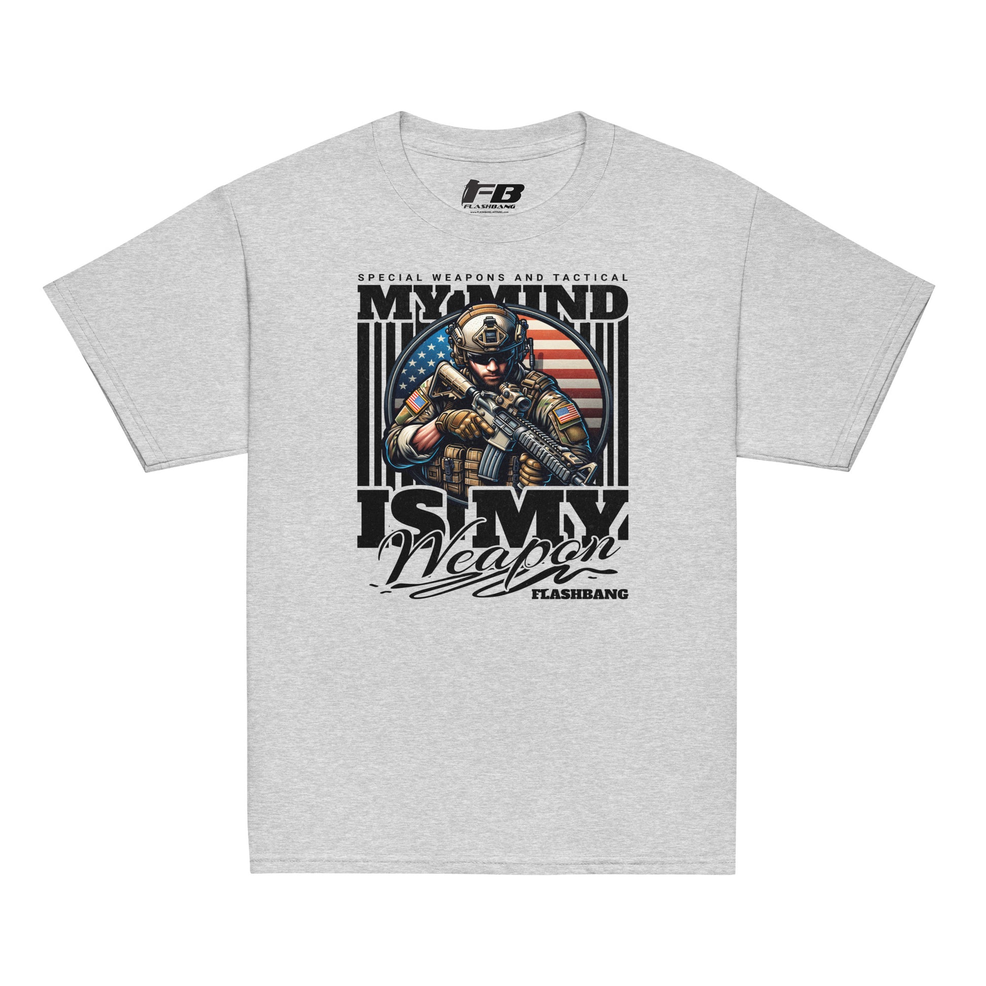 Gray t-shirt with graphic design featuring a soldier and text on a white background