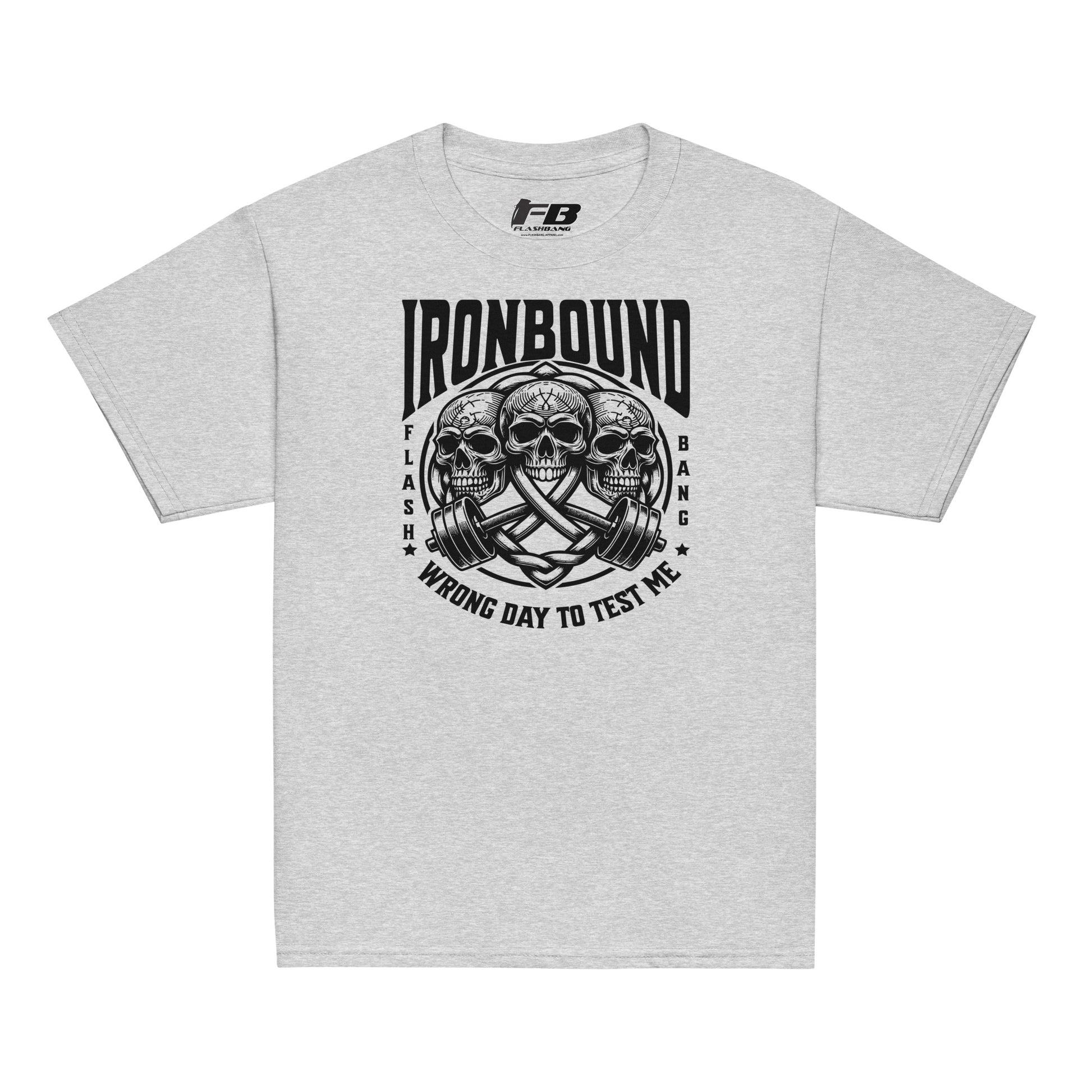 Gray t-shirt with black graphic design and 'Ironbound' branding on a white background