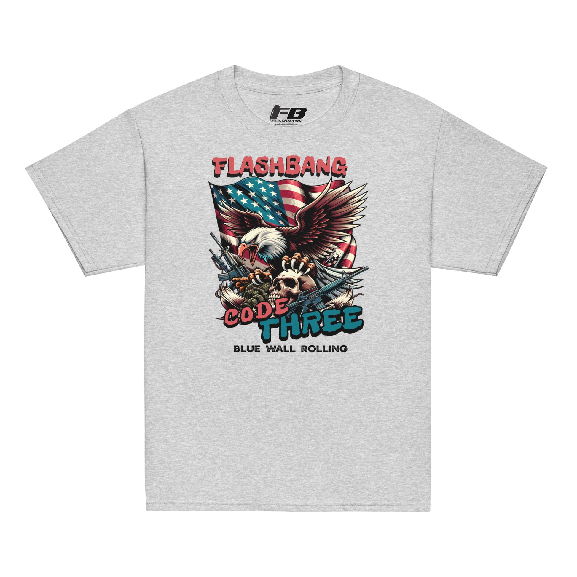 Gray t-shirt with 'Flashbang Code Three' graphic design featuring an eagle and American flag on a white background.