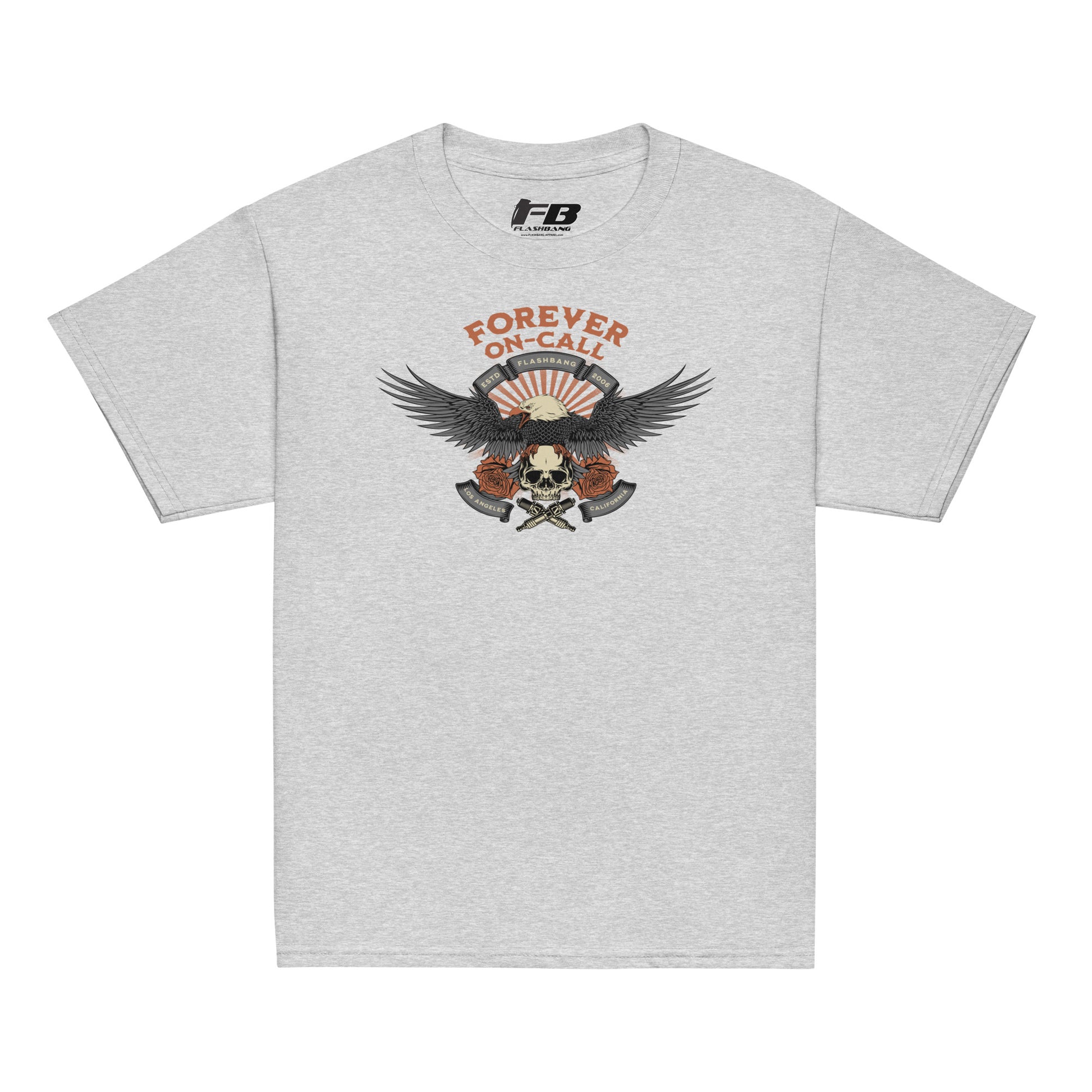 Gray t-shirt with a graphic design featuring an eagle and skull on a white background
